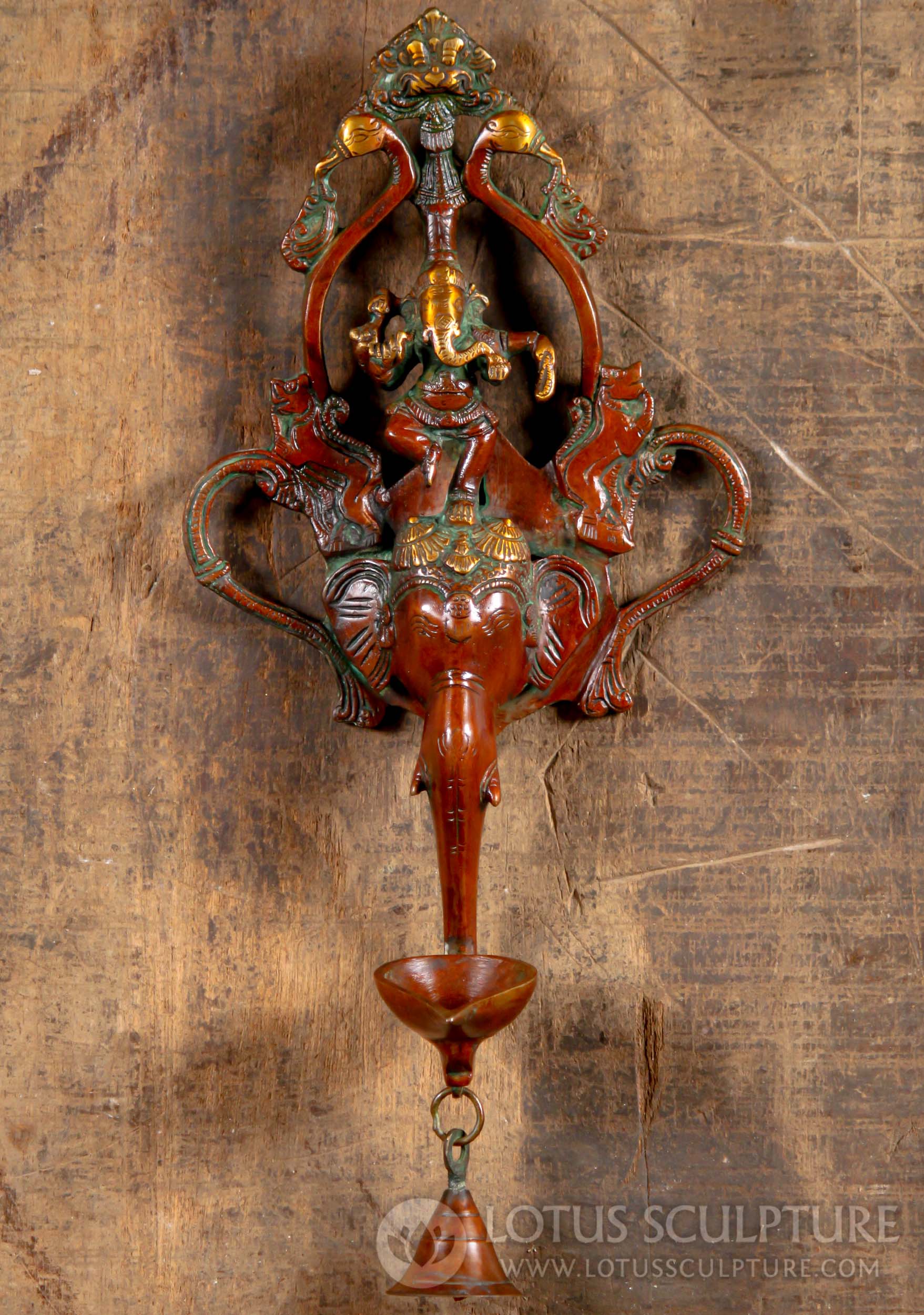 Brass Ganesh Wall Hanging Oil Lamp with 2 Peacocks, 2 Lions, 1 Elephant Deepam & Bell 15.5"