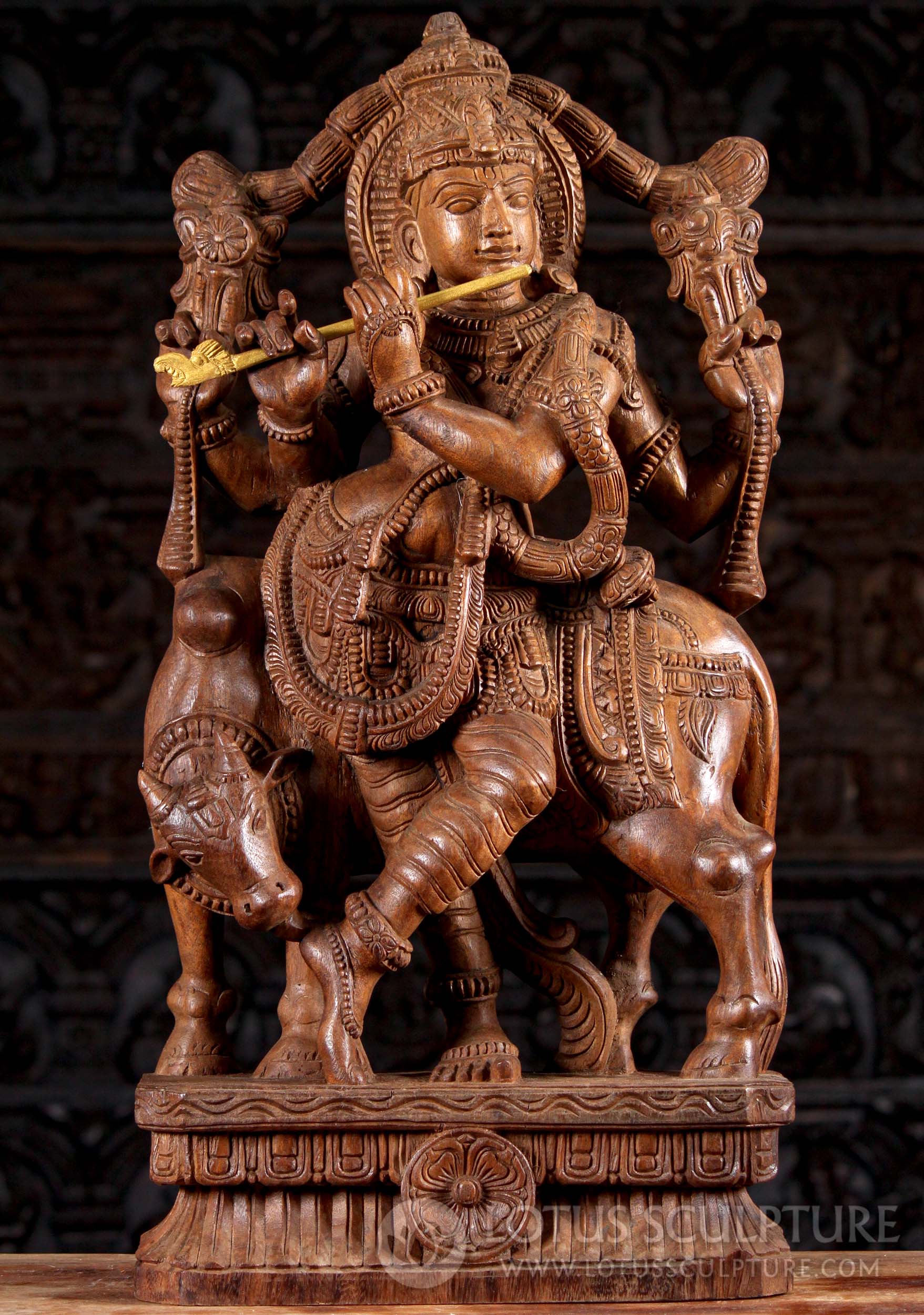 Hand Carved Light Neem Wood Hindu God Gopal Krishna Playing Flute with Cow 30"