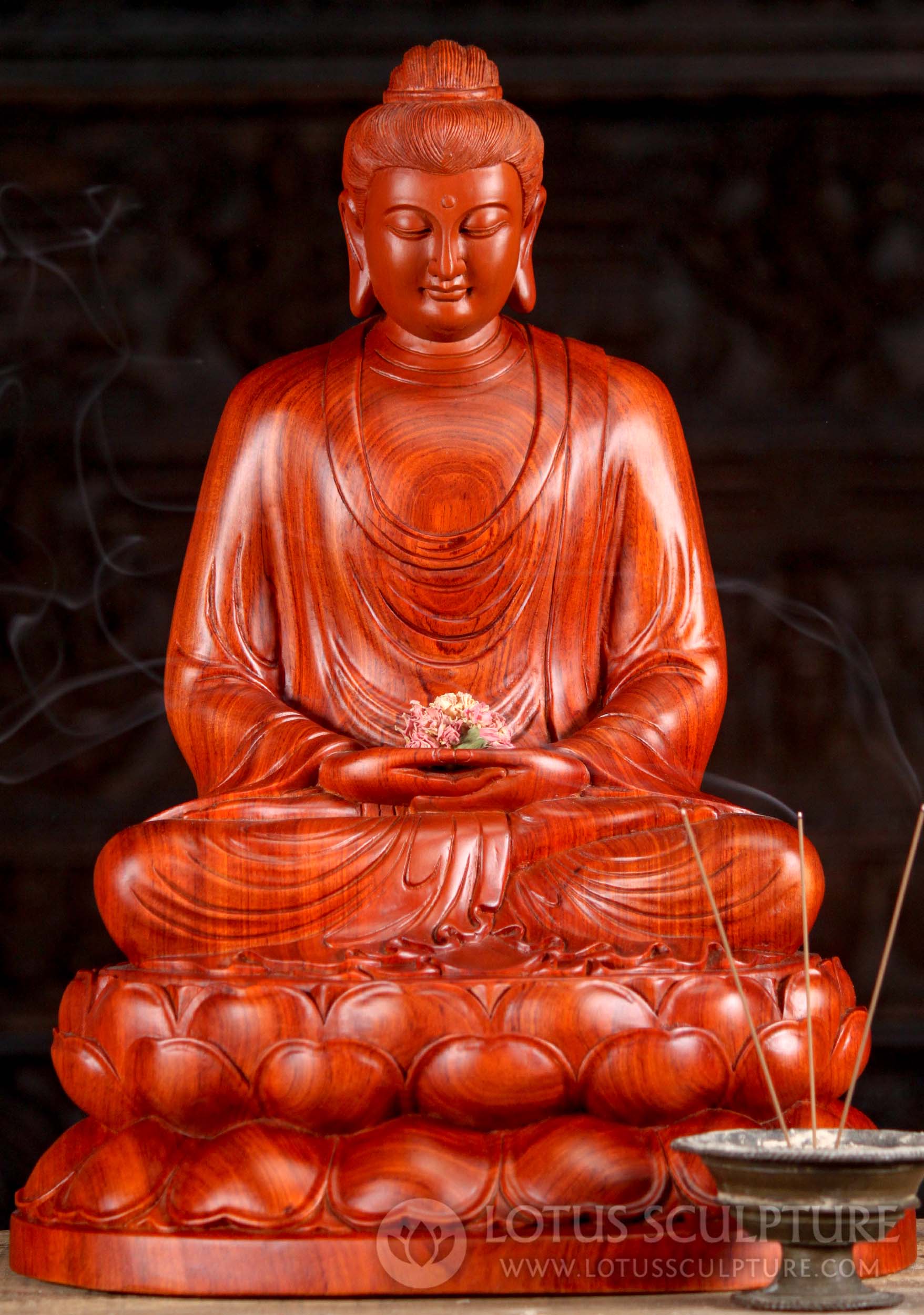 Wood Seated Bhumisparsha or Earth Touching Buddha Sculpture Hand Carved in Vietnam 20"