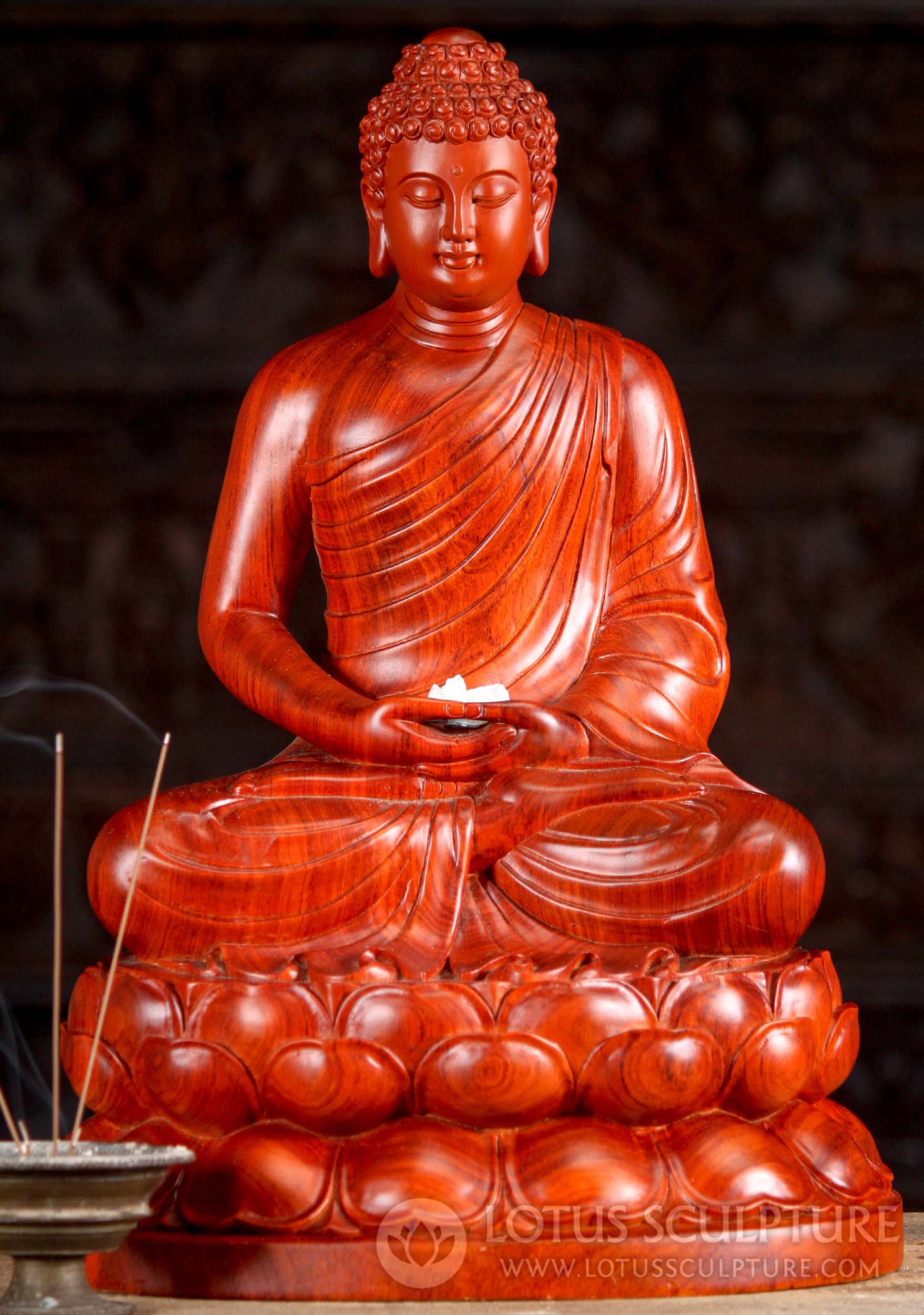 Wood Hand Carved Buddha Sculpture Seated in Full Lotus Pose in Dhyana Mudra of Meditation 20"