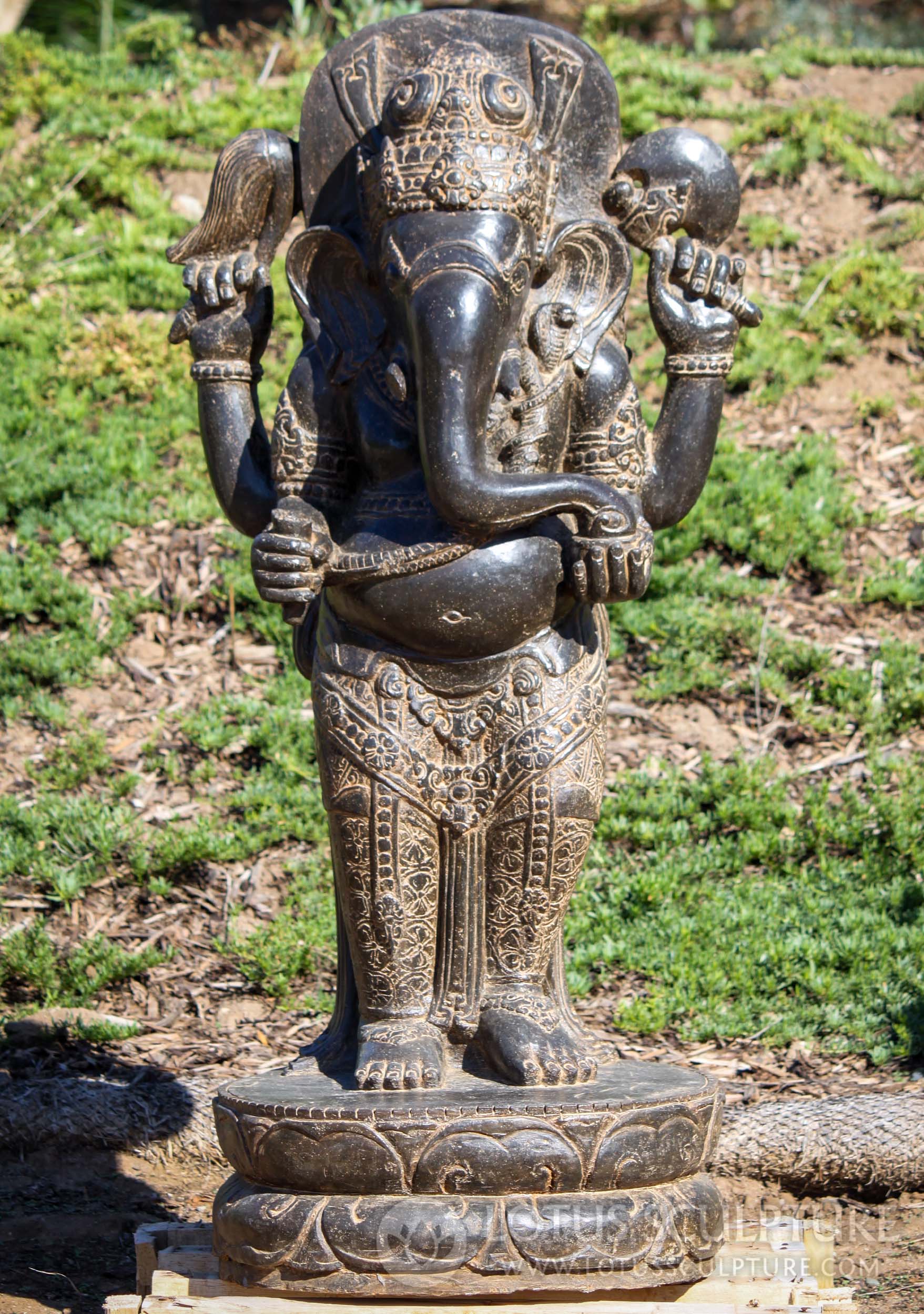 Stone Standing Ganesha with Fly Whisk and an Ax Garden Statue Perfect for All Weather 53"