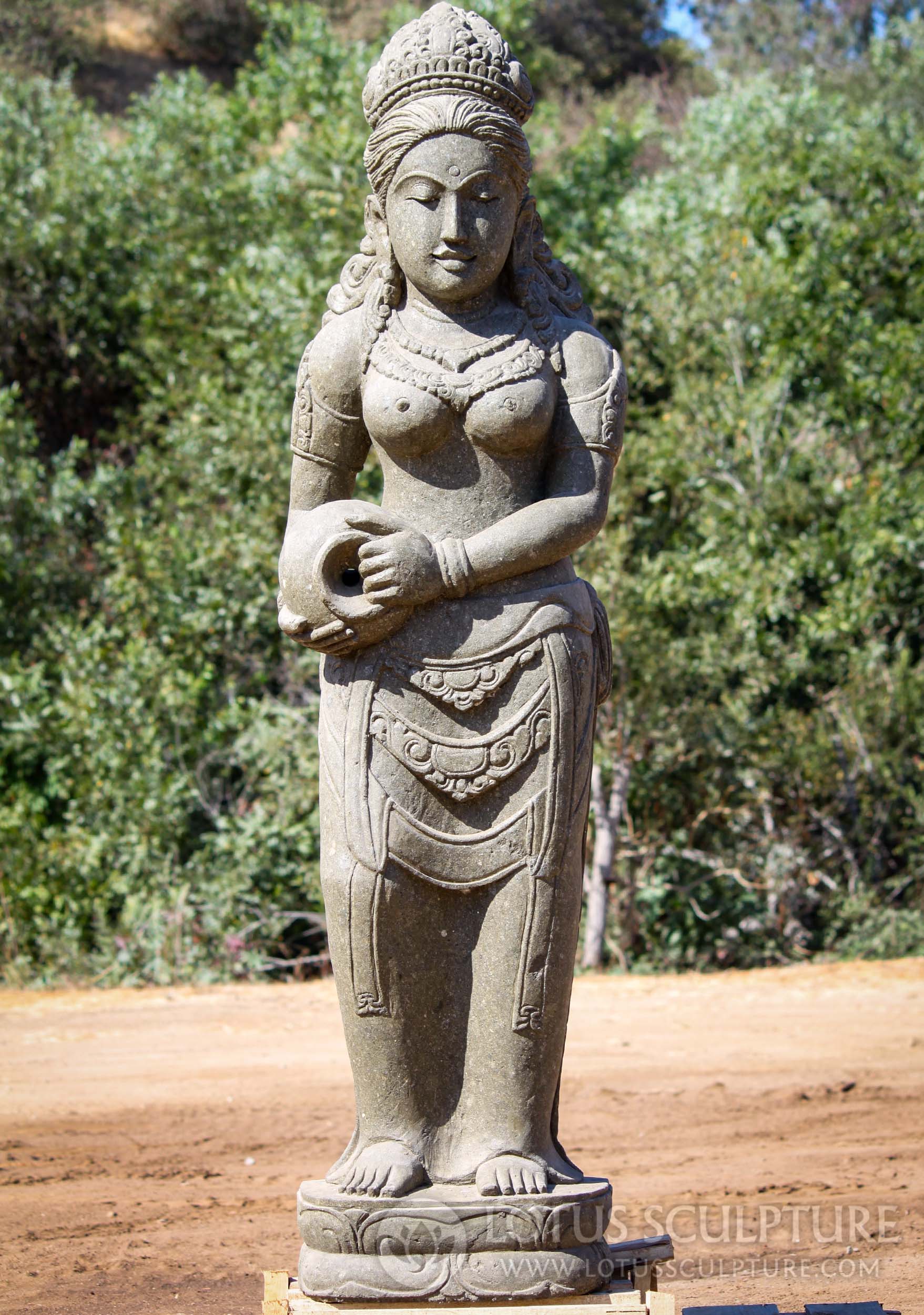 6 Foot Tall Natural Stone Standing Devi Tara Fountain Statue Holding Water Jug 72"