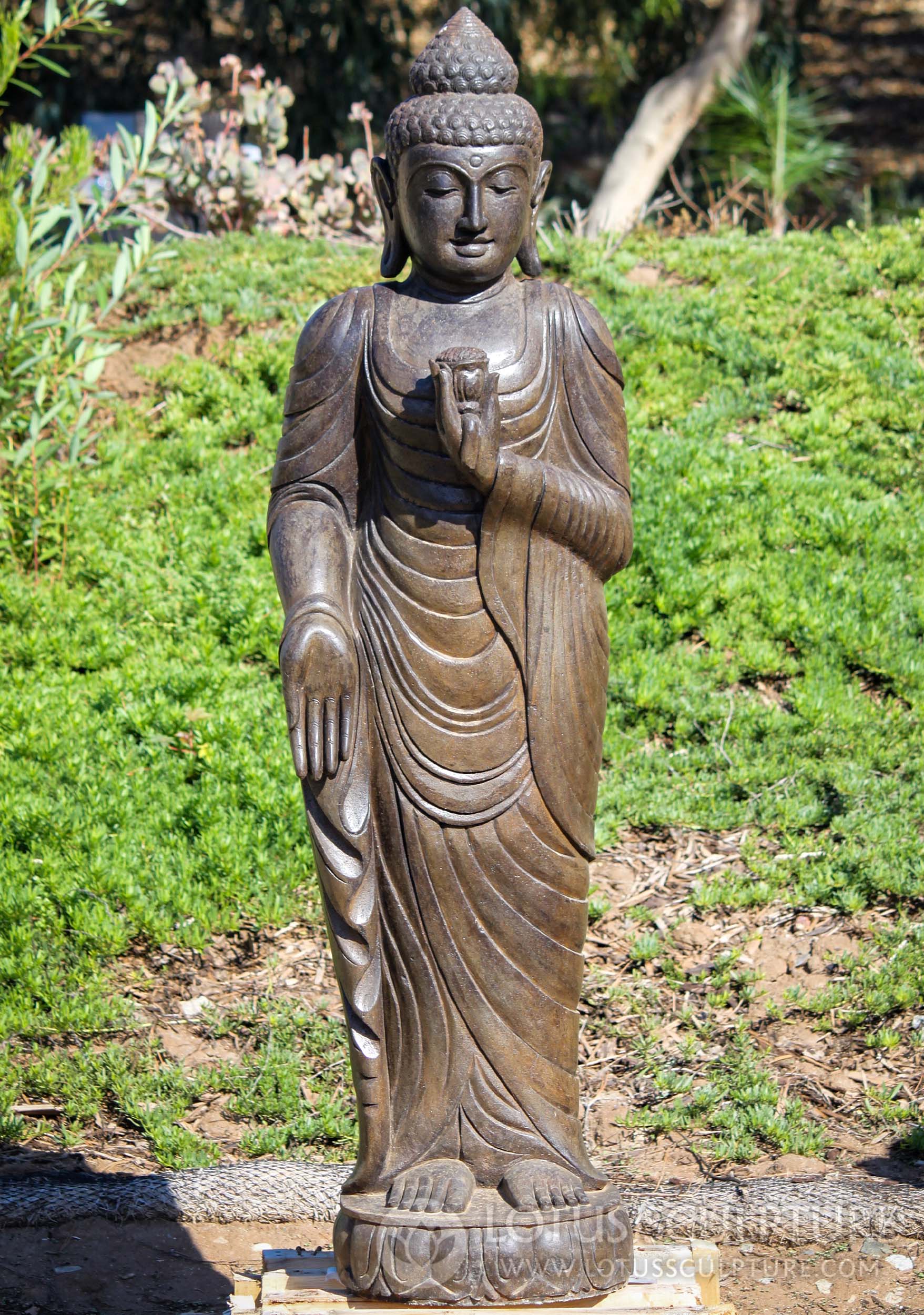 Colored Hand Carved Lava Stone Standing Garden Buddha Sculpture Holding Lotus Flower 62"