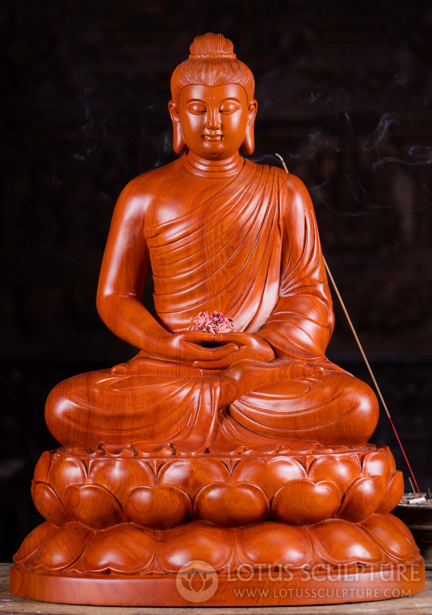 Gandharan Style Hand Carved Wooden Buddha Sculpture in Dhyana Mudra of Meditating 20"