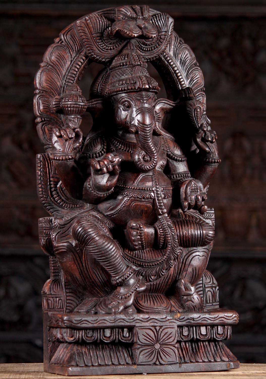Wooden Ganesha Seated Under Mahakala Arch Hand Carved South Indian Statue 24"