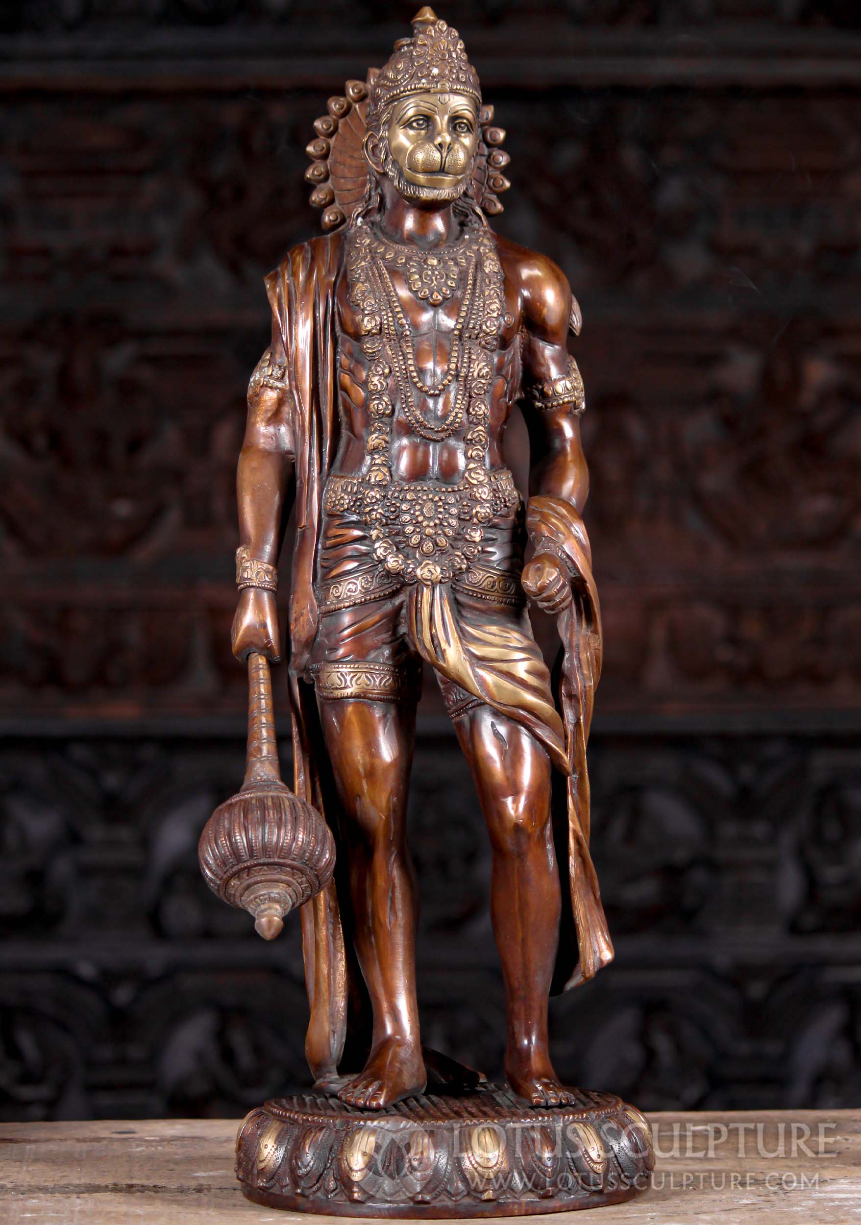 Hindu God Hanuman Statue Standing Tall in Athletic Muscular Pose Holding His Large Club 23"