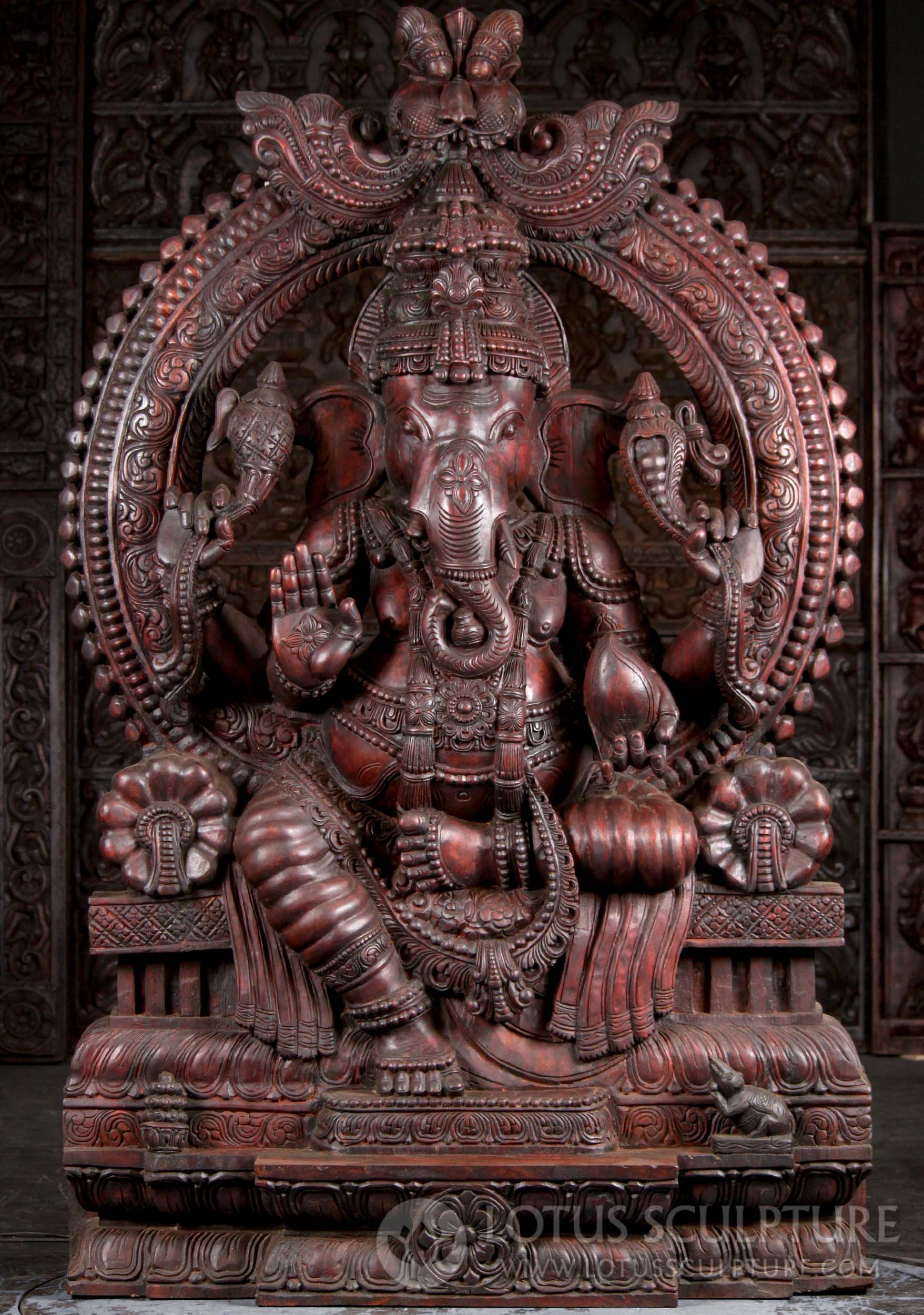 Large Hand Sculpted Hindu God Ganesha Seated Under Mahakala Arch on Lotus Base 71"