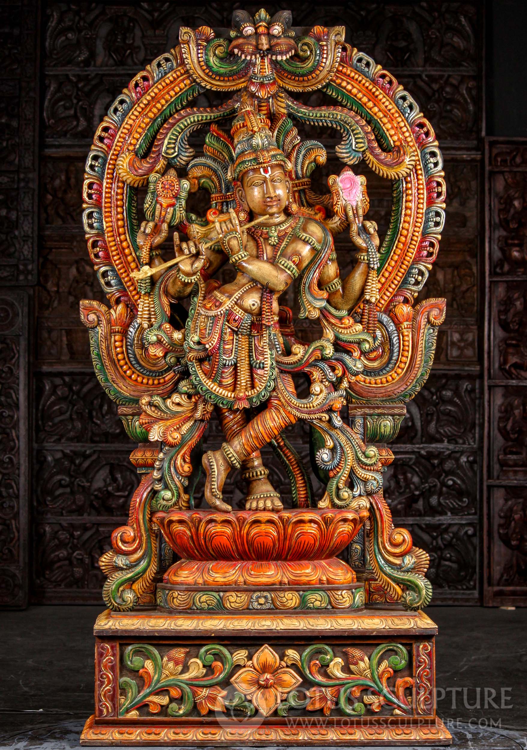 Gopal Krishna Wooden Sculpture Hand Painted Playing Flute with Mahakala Arch 6 Feet Tall