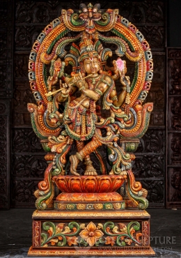 Gopal Krishna Wooden Sculpture Hand Painted Playing Flute with Mahakala Arch 6 Feet Tall
