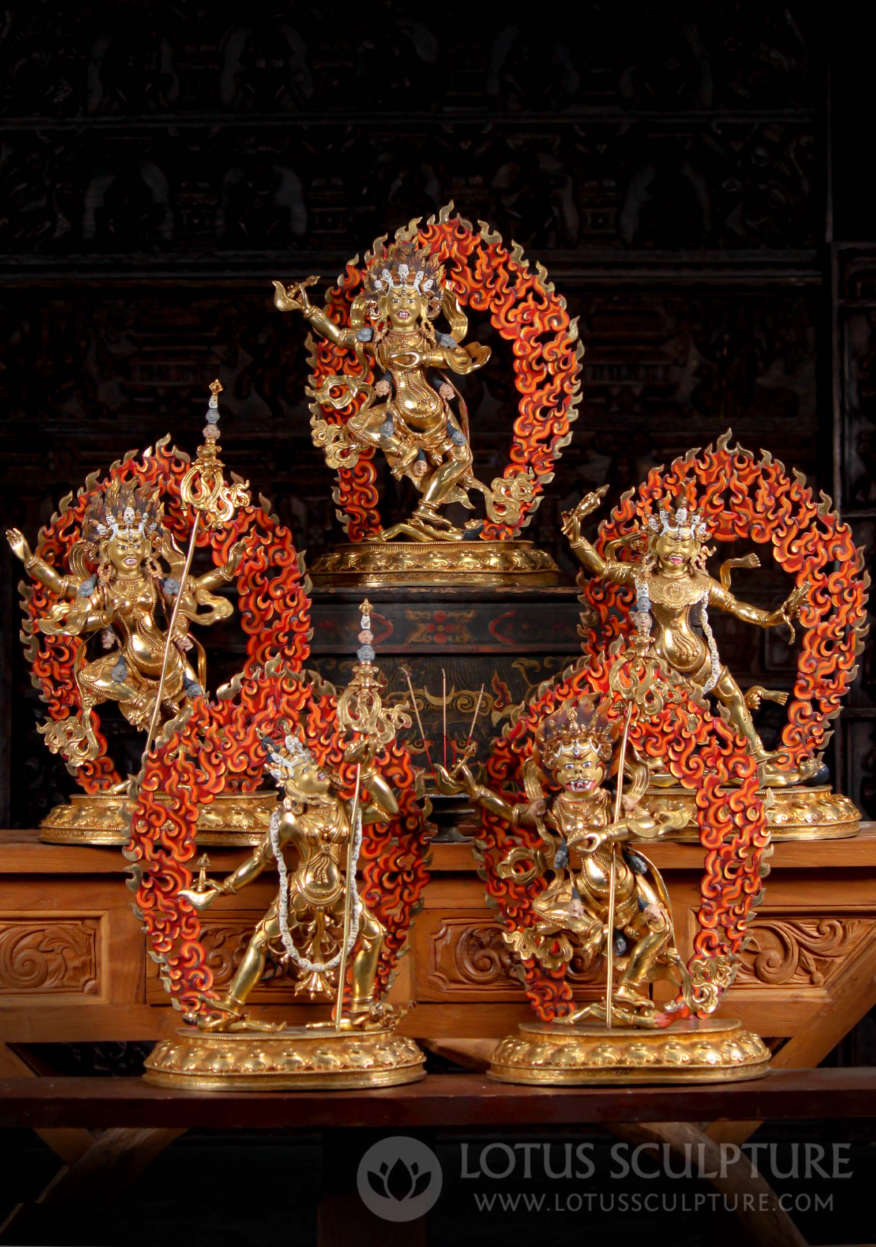Five Fierce Nepalese Copper Flaming Arch Dakini Statues with 18 Karat Gold Painted Faces 22"