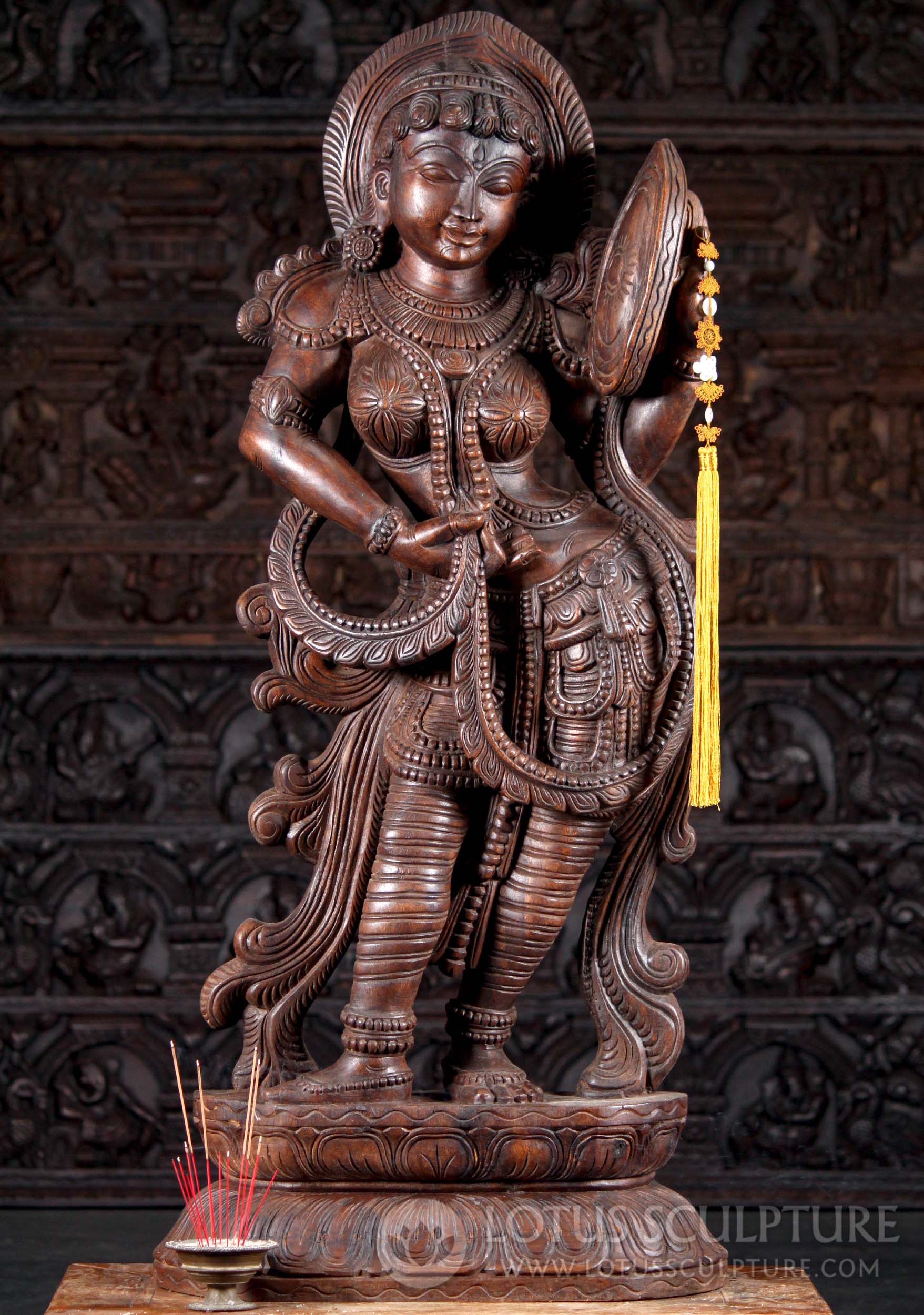 Tall Wood Standing Beautiful Devi Sculpture with Jewelry Looking into Mirror 48"