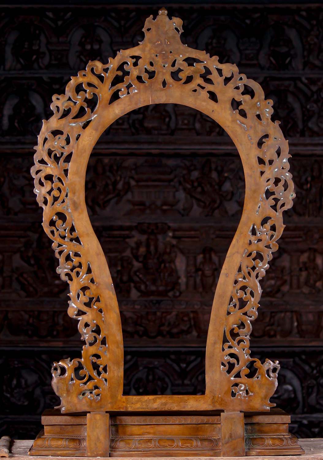 Large Bronze Temple Statue Base with Elaborate Prabha Mandala Peacock Arch 42"