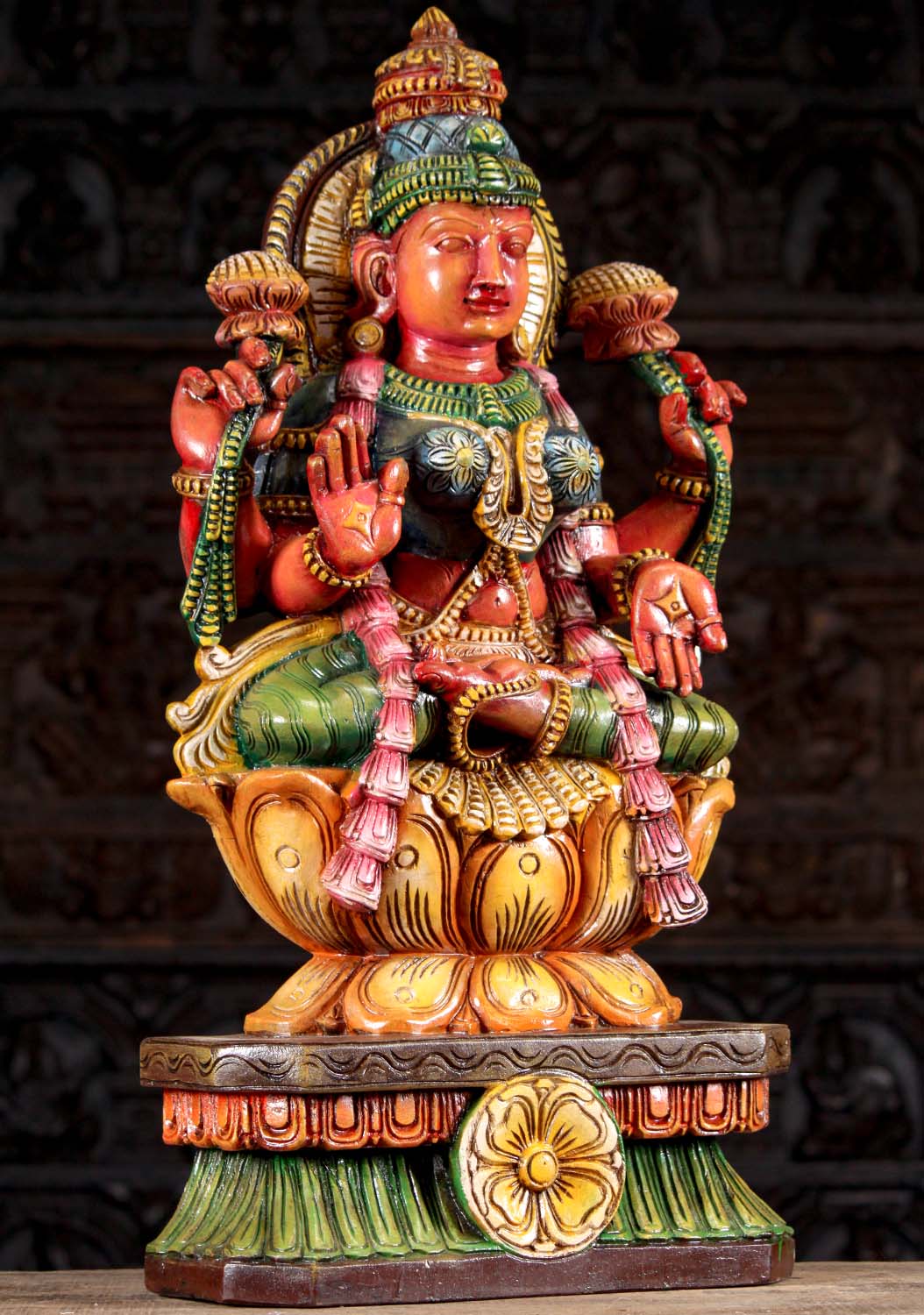 Hand Painted Seated Wooden Abhaya Mudra Lakshmi Statue Wearing Garland & Bindi 30"