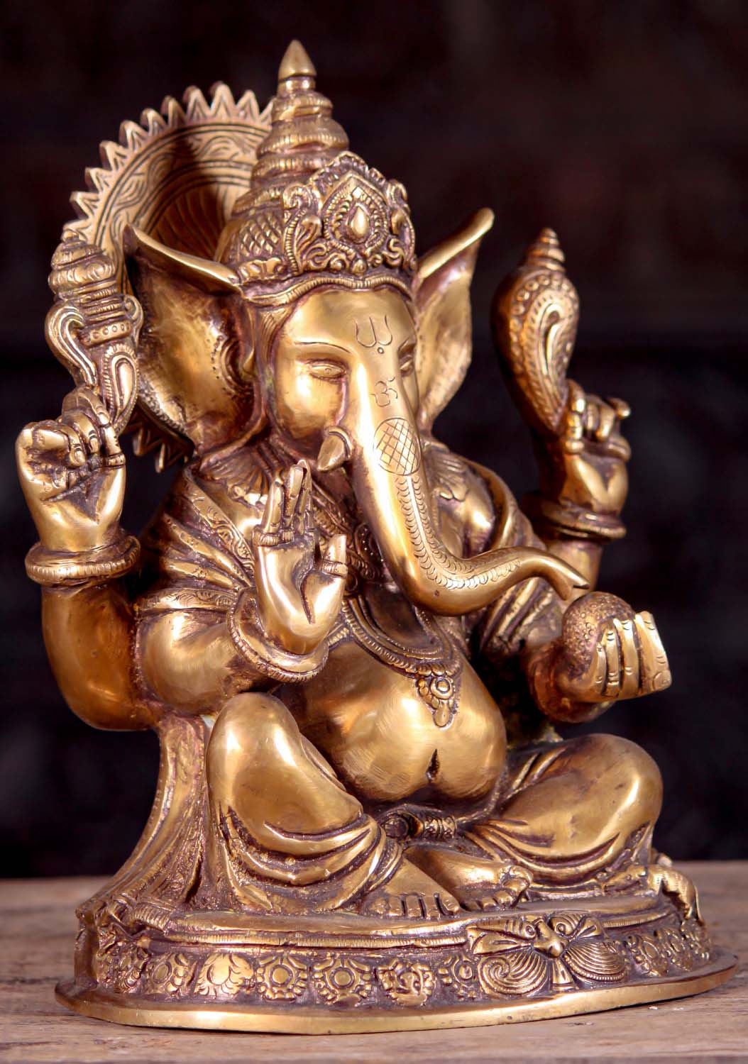 Ganesh Brass Seated Abhaya Mudra Statue with Noose and Goad on Mahakala Base 12"