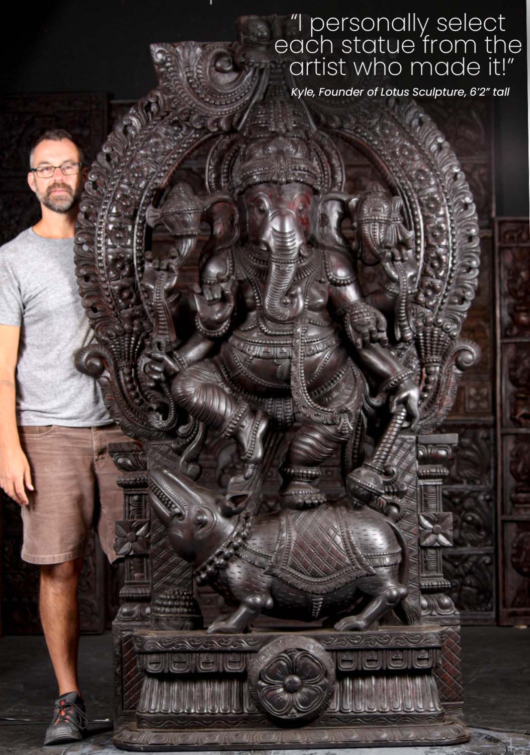 Large Wooden Ganesh Holding a Club While Dancing on Top of Rat Mooshika Under Arch 86"