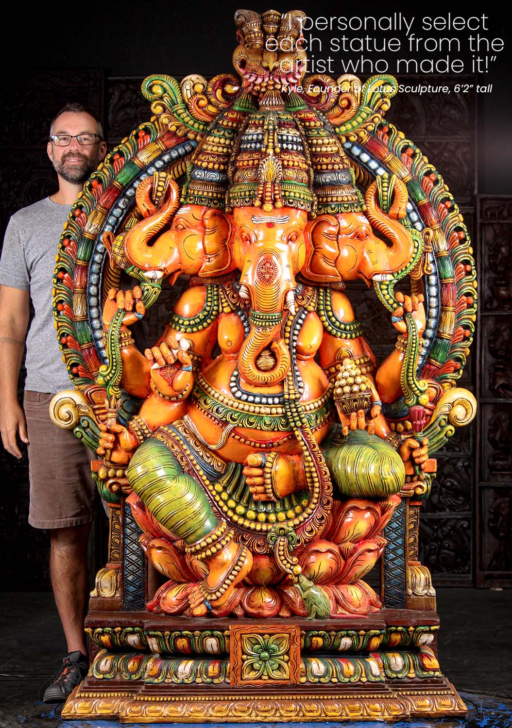 Beautiful Vibrantly Painted Large Wooden Trimukha Ganesha with Mahakala Arch Sculpture 83"