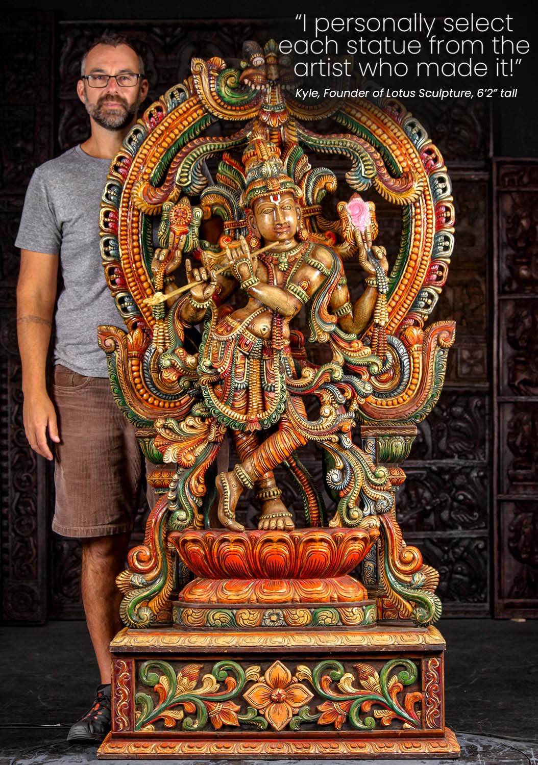 Gopal Krishna Wooden Sculpture Hand Painted Playing Flute with Mahakala Arch 6 Feet Tall