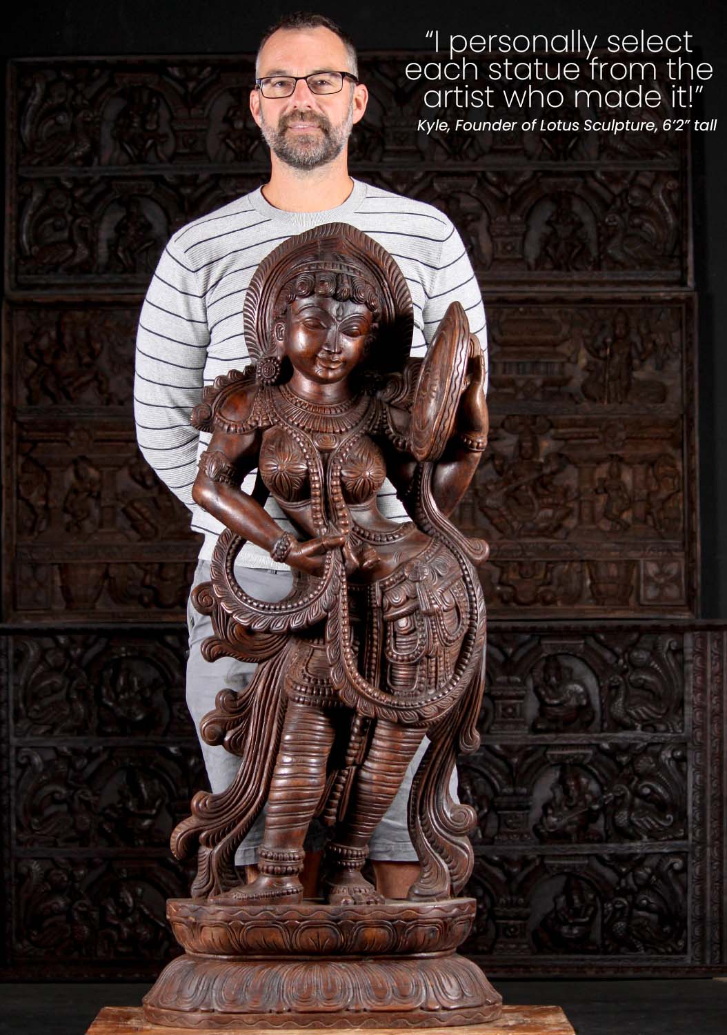 Tall Wood Standing Beautiful Devi Sculpture with Jewelry Looking into Mirror 48"