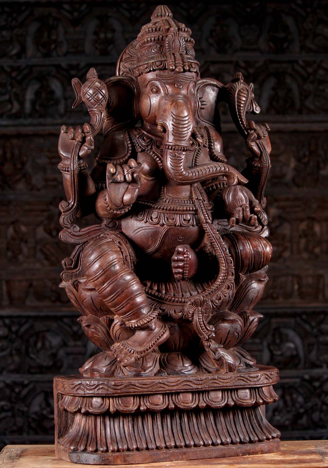 Hand Carved Wooden Hindu God Remover of Obstacles Ganesh Perfect for Home Altar 36"