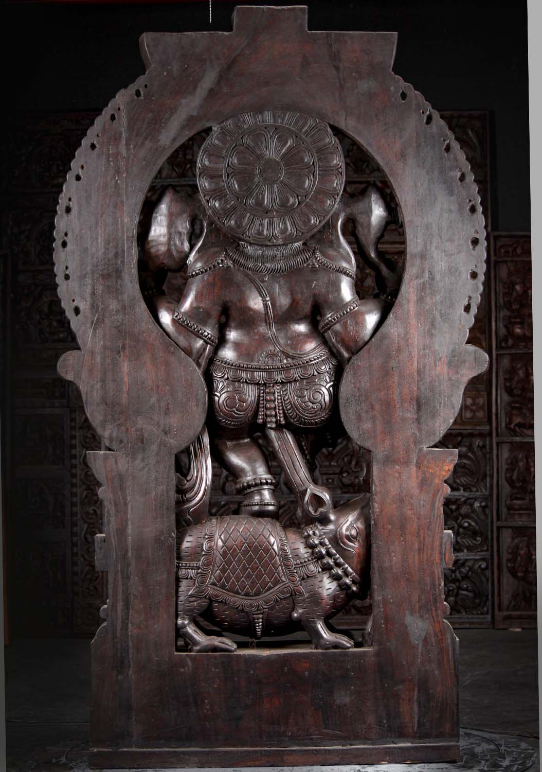 Large Wooden Ganesh Holding a Club While Dancing on Top of Rat Mooshika Under Arch 86"