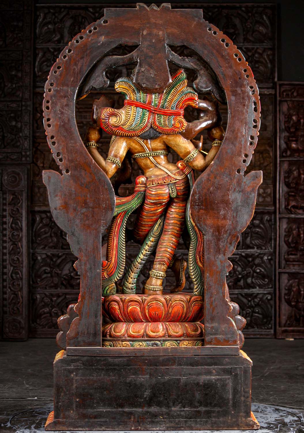 Gopal Krishna Wooden Sculpture Hand Painted Playing Flute with Mahakala Arch 6 Feet Tall
