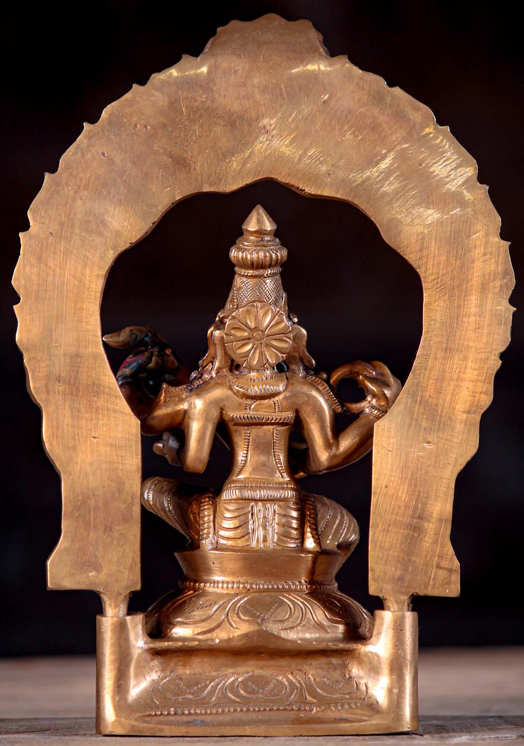 Small Polished Bronze Seated Saraswati Playing the Veena Under Arch Statue 9.5"