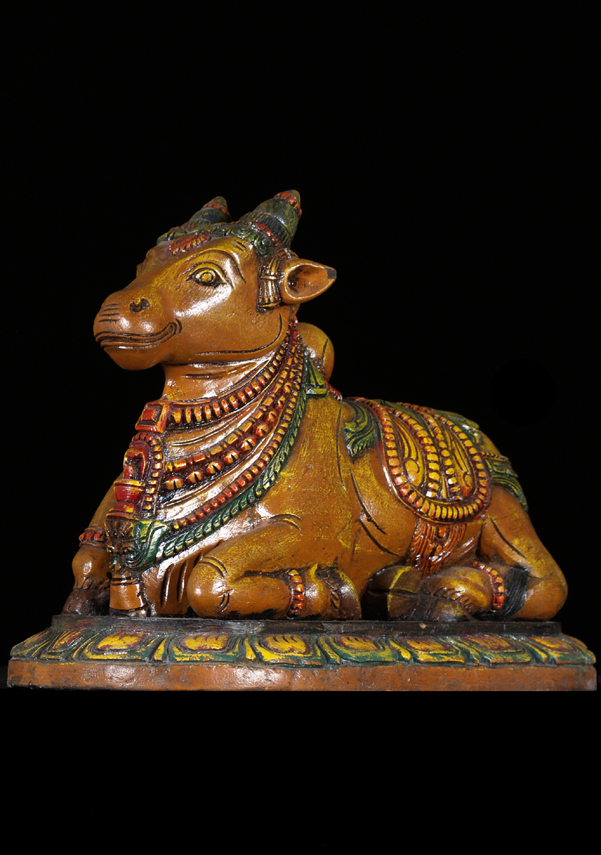 Hand Carved Wooden Nandi Sculpture 14"