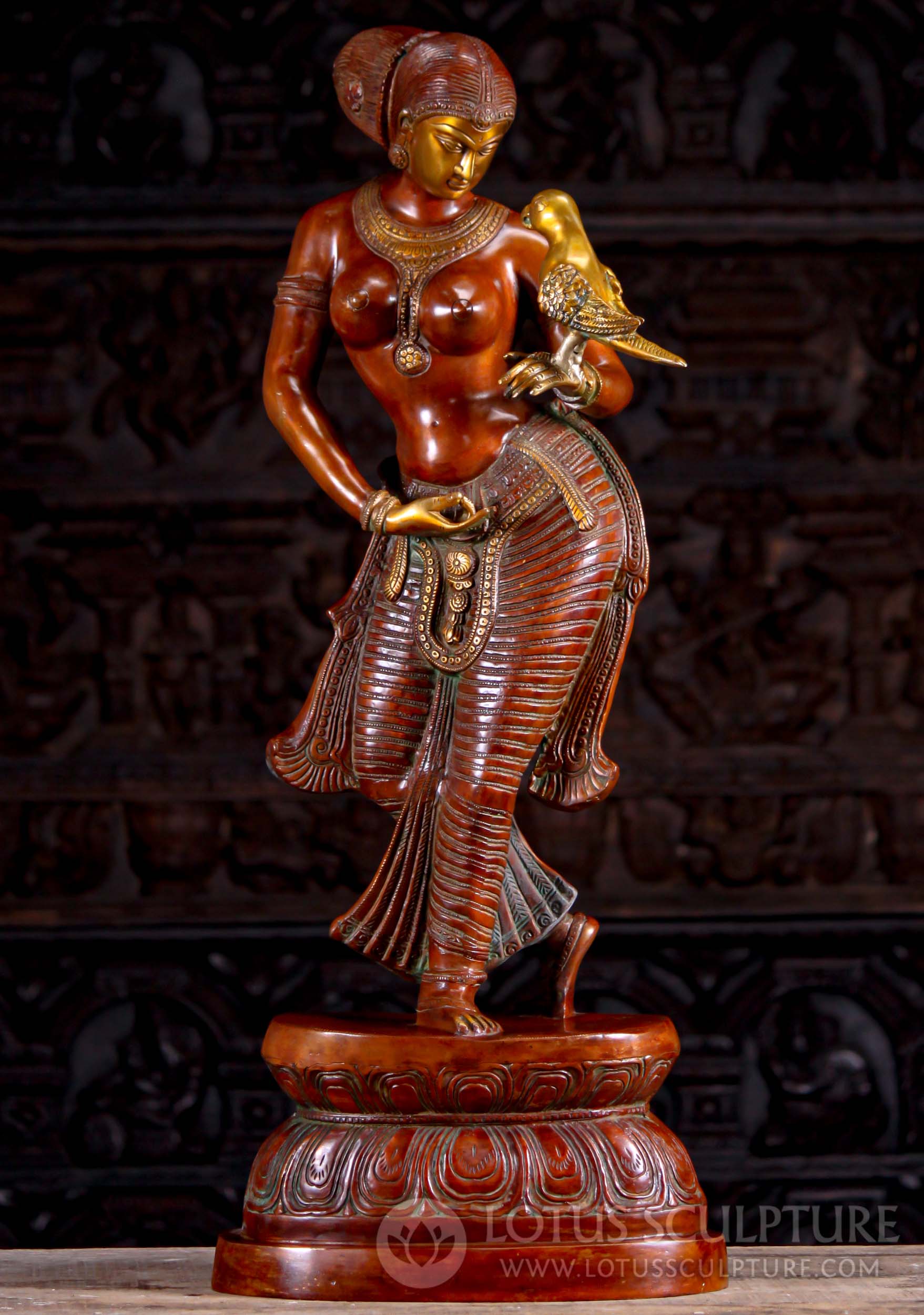 Antique brass sculpture of an Indian lady holding a parrot on her