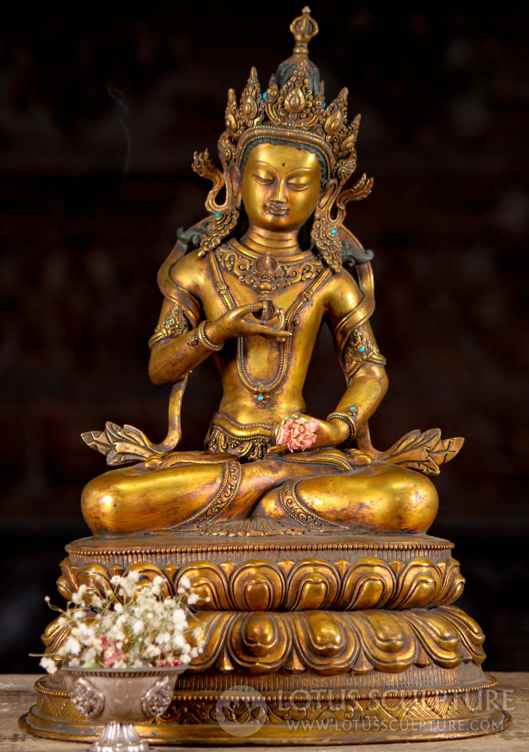 Copper Buddhist Deity Vajrasattva with Turquoise Stones Sculpture Hand Crafted in Nepal 16"