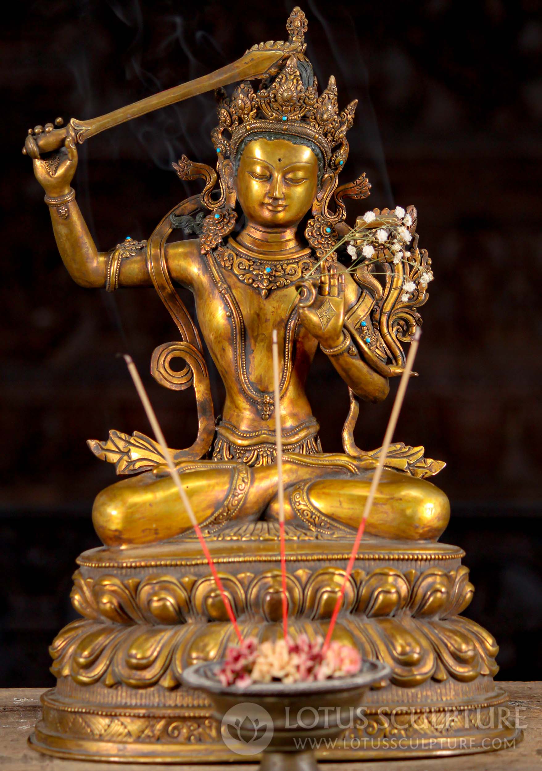 Manjushree Statue Holding Sword, Buddhist Deity with Turquoise Stones Hand Crafted in Nepal 16"