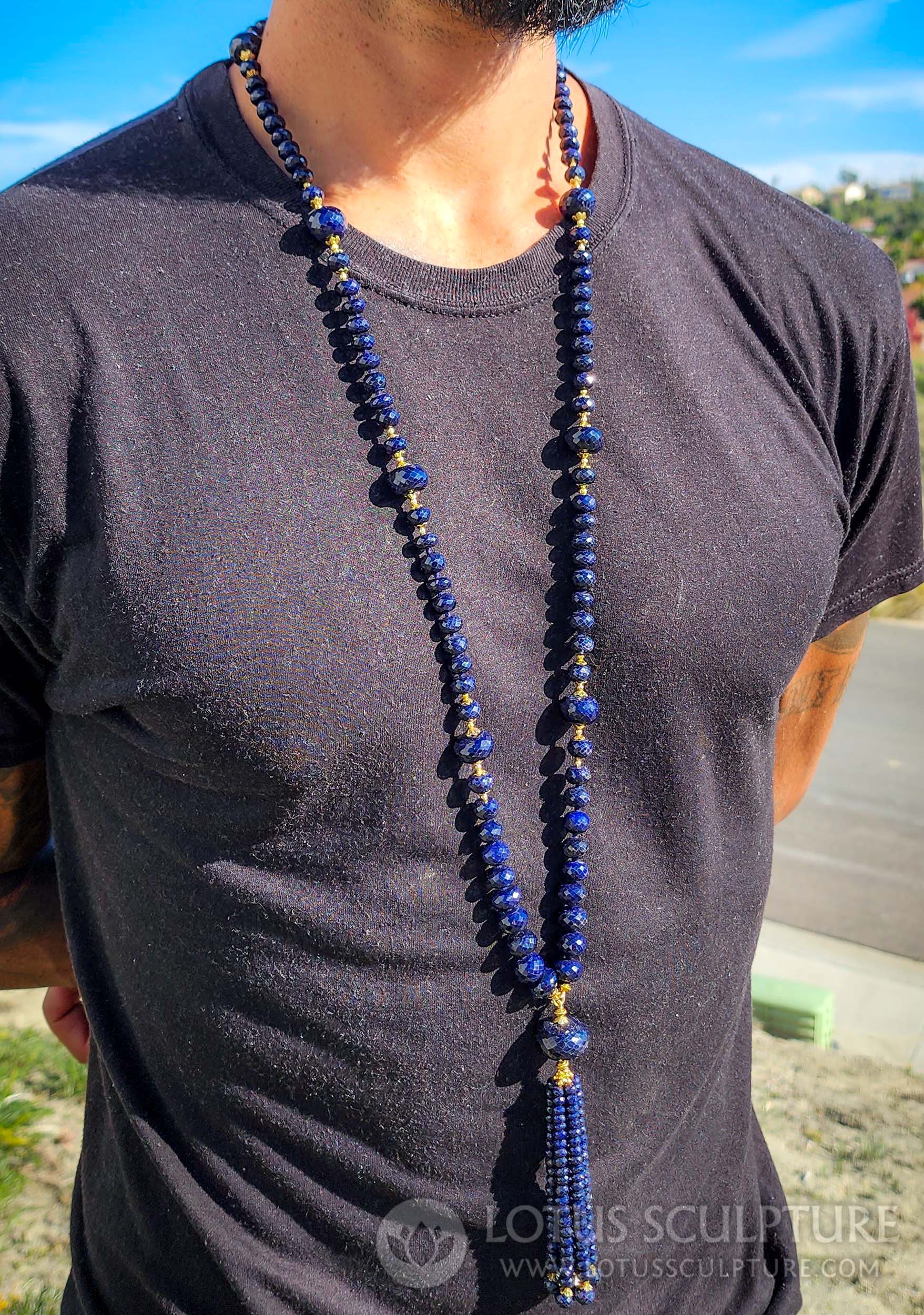 Hand Cut Large Sapphire Mala Necklace with Ruby Tumble Stone Associated with Parvati 24"