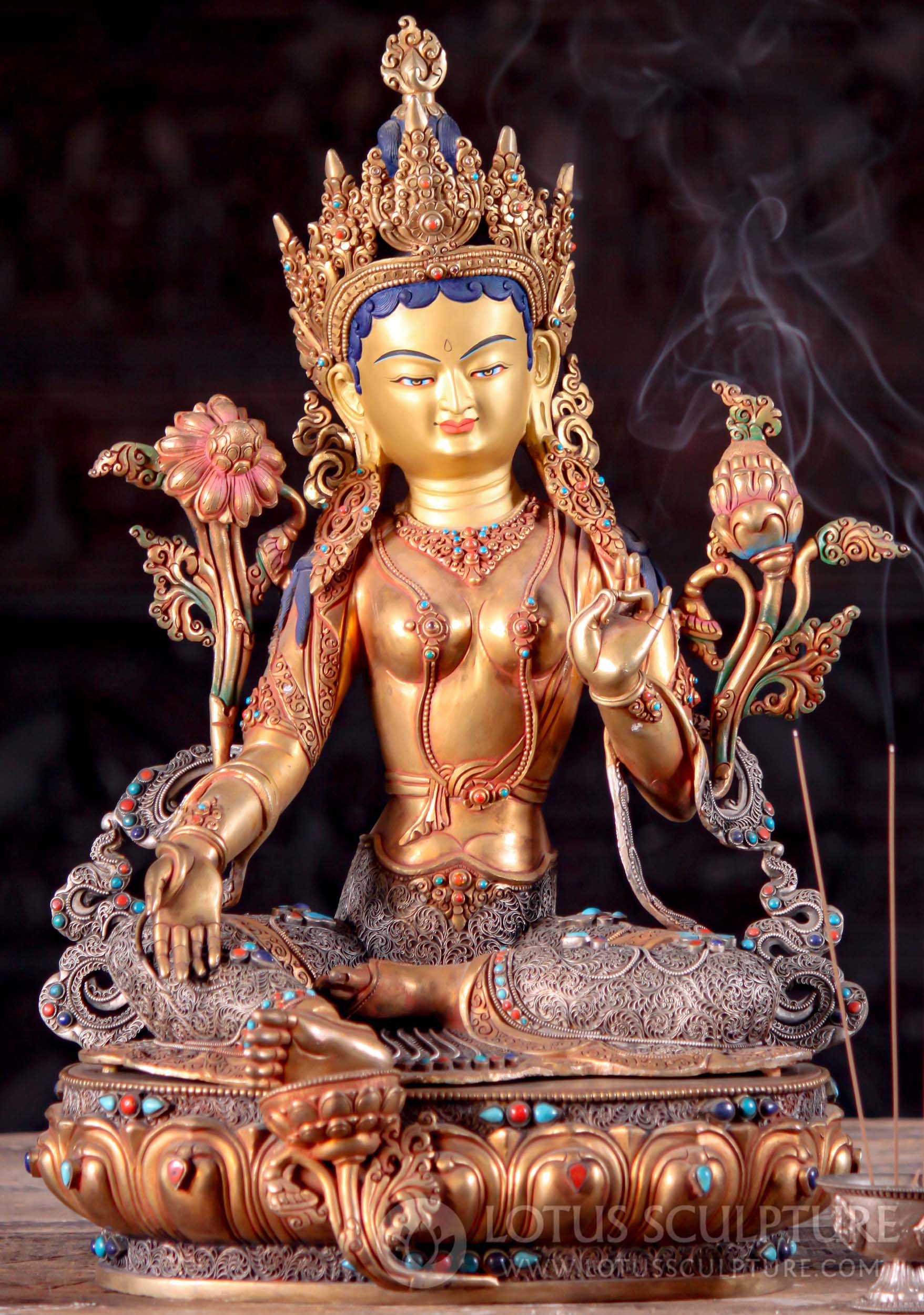 Hand Painted Gold Gilded Green Tara Statue with Sterling Silver Brocade Leggings 20"