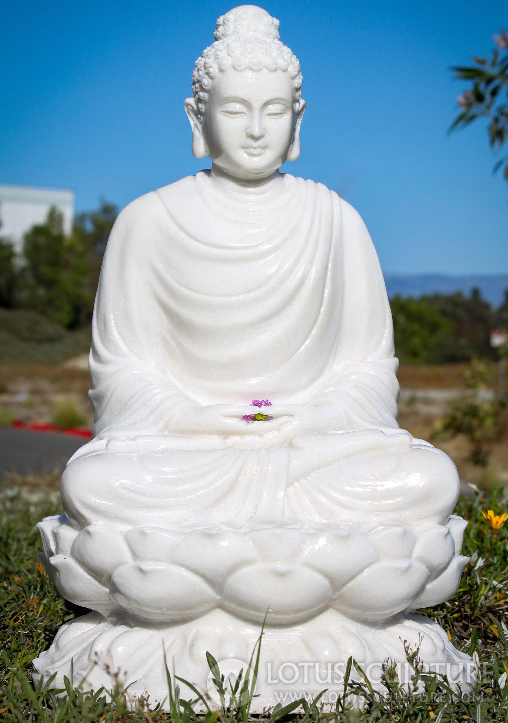 SOLD Marble Buddha Statue Sitting Peacefully Wearing Winter Robes ...