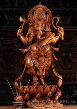 Stunning Hand Carved Suar Wood Dancing Ganesha Sculpture on Lotus Flower with Lily Pads 39" Stunning Hand Carved Suar Wood Dancing Ganesha Sculpture on Lotus Flower with Lily Pads 39"