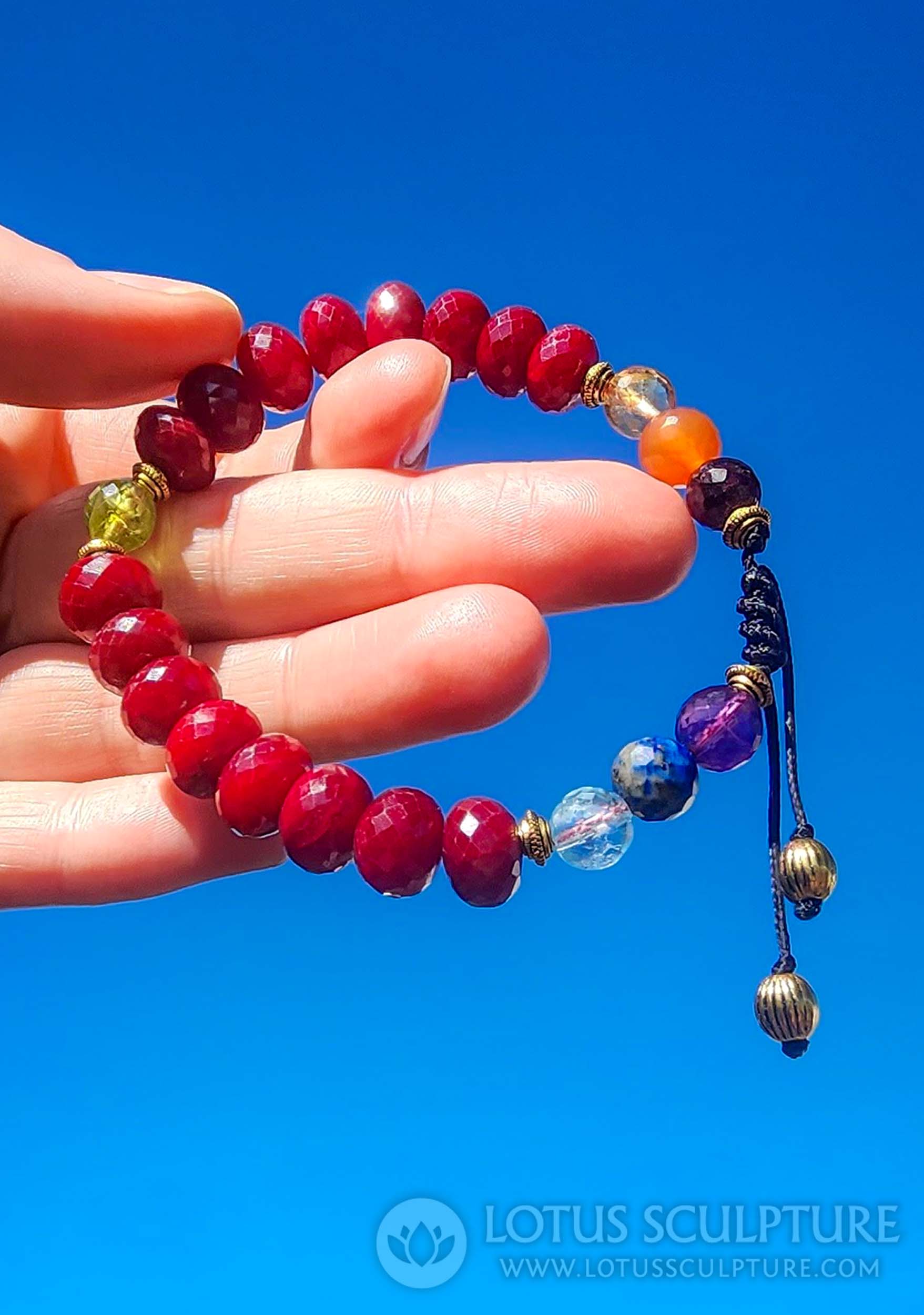 Womens Hand Cut Seven Chakra Ruby Mala Bracelet Healing Energy Associated with Parvati