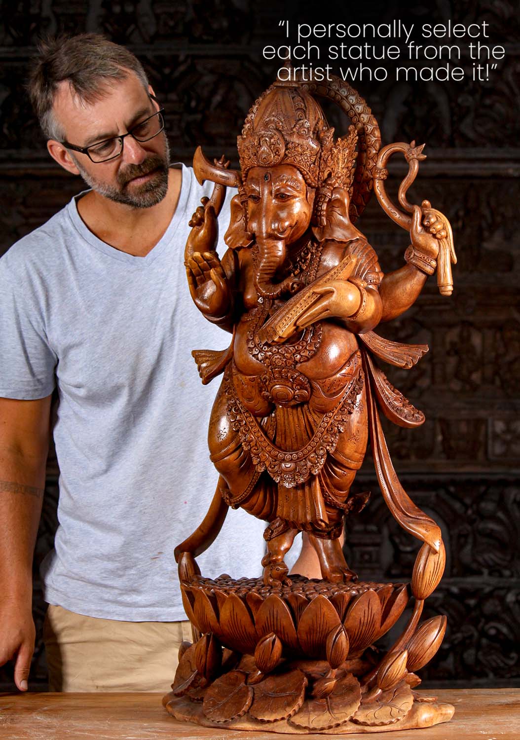 Stunning Hand Carved Suar Wood Dancing Ganesha Sculpture on Lotus Flower with Lily Pads 39"