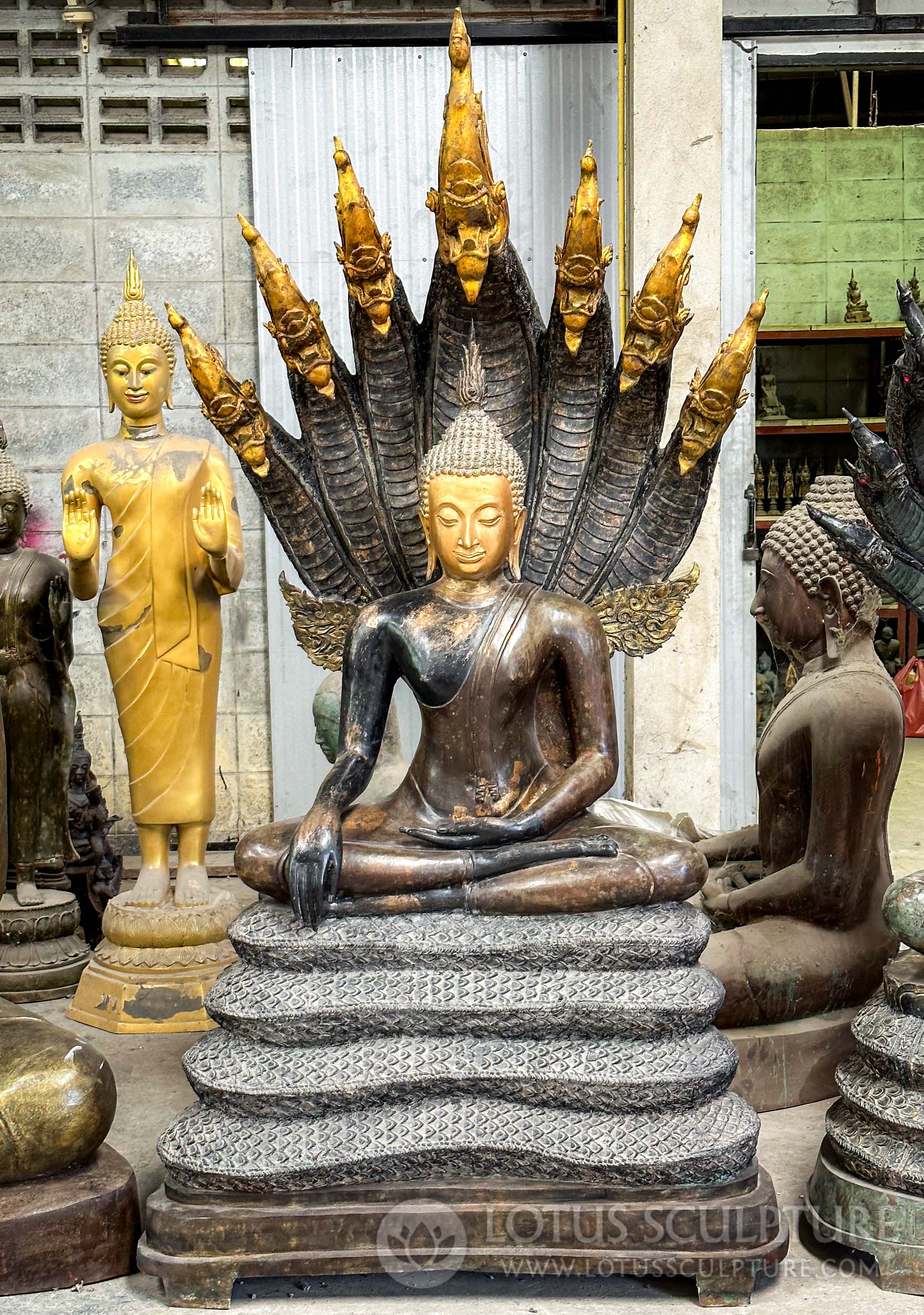PREORDER Brass Buddha Statue Beneath Naga King, Muchalinda Moments Before Enlightenment 84"