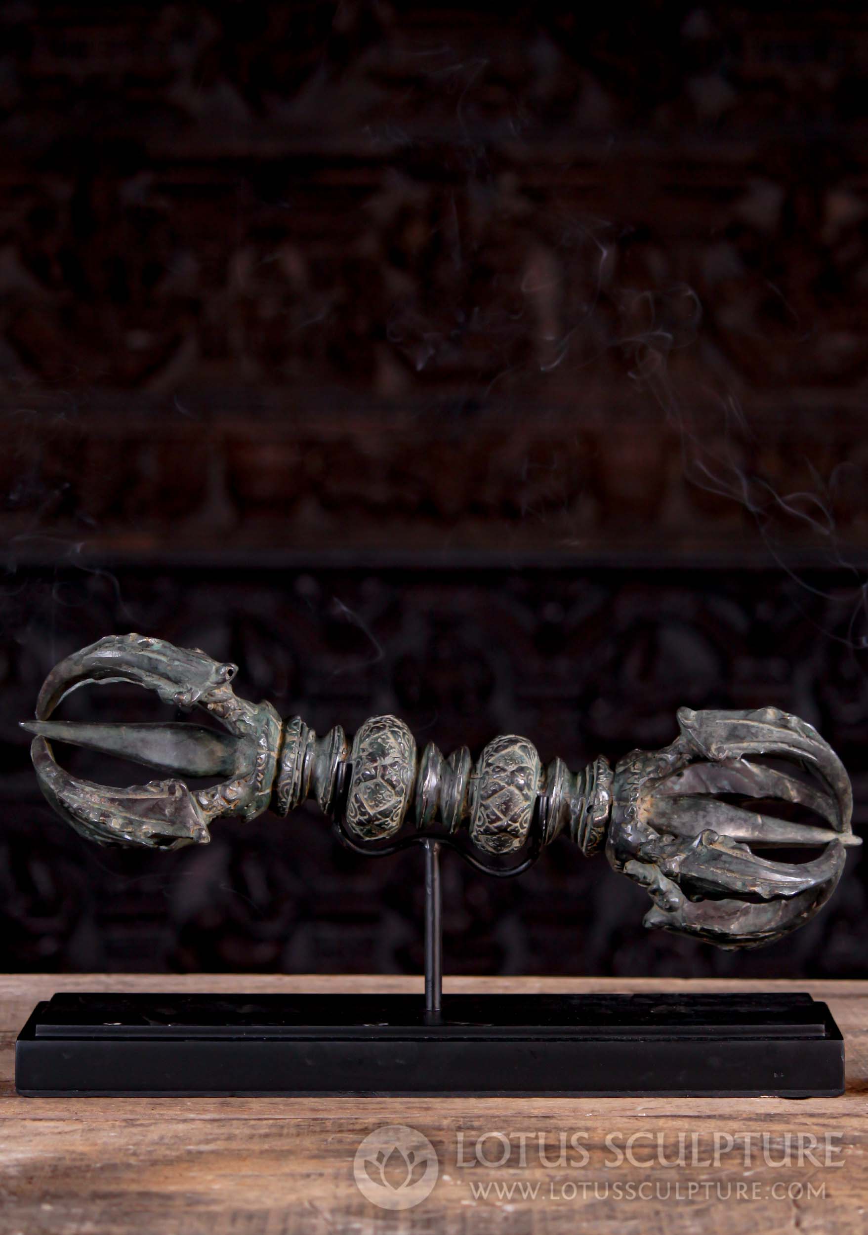 Brass Double Dorje Vajra Thunderbolt With Antique Patina on Black Wooden Stand 18"