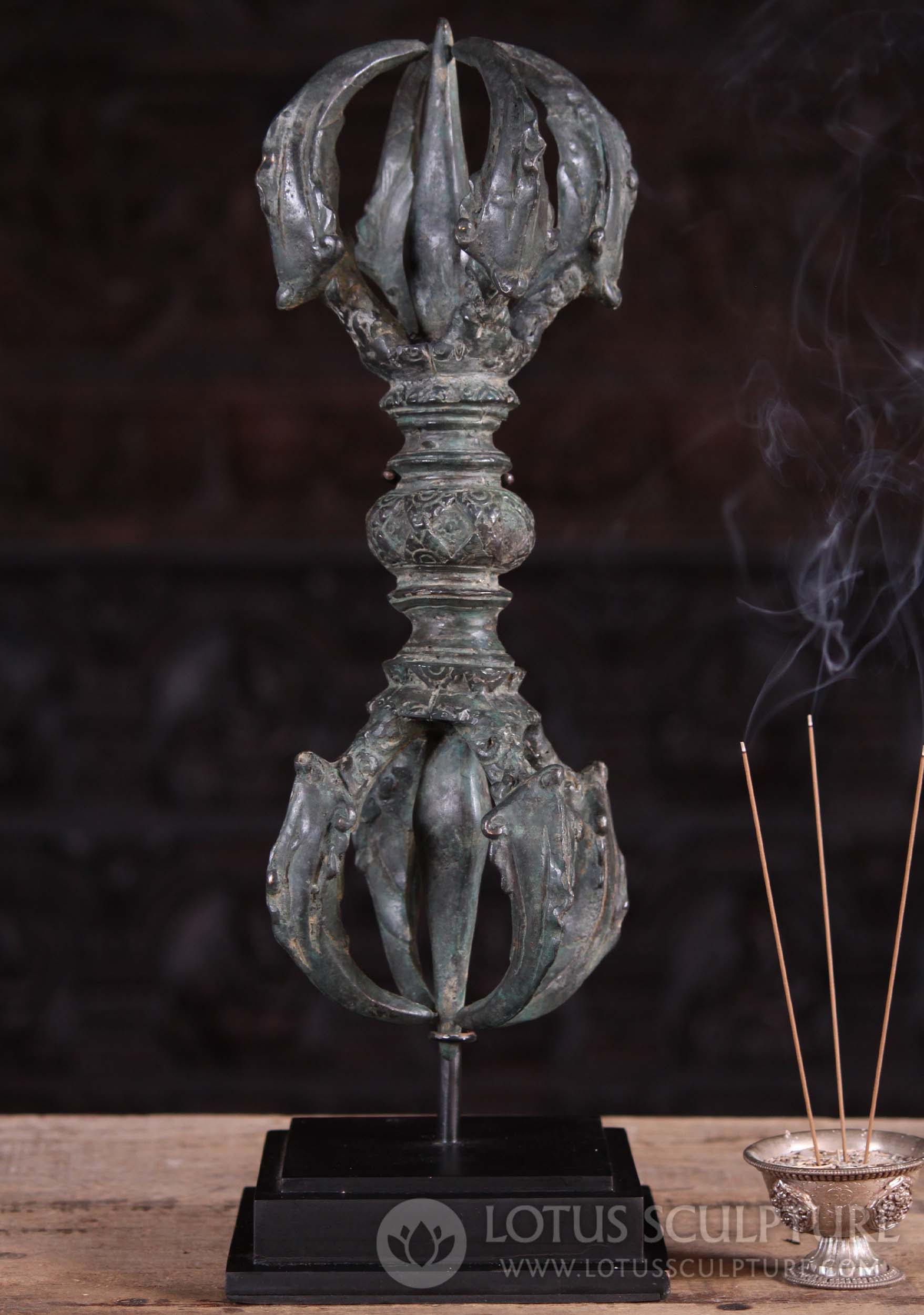 Indonesian Brass Double Dorje Vajra on Black Wooden Stand with Antique Green Patina 19"