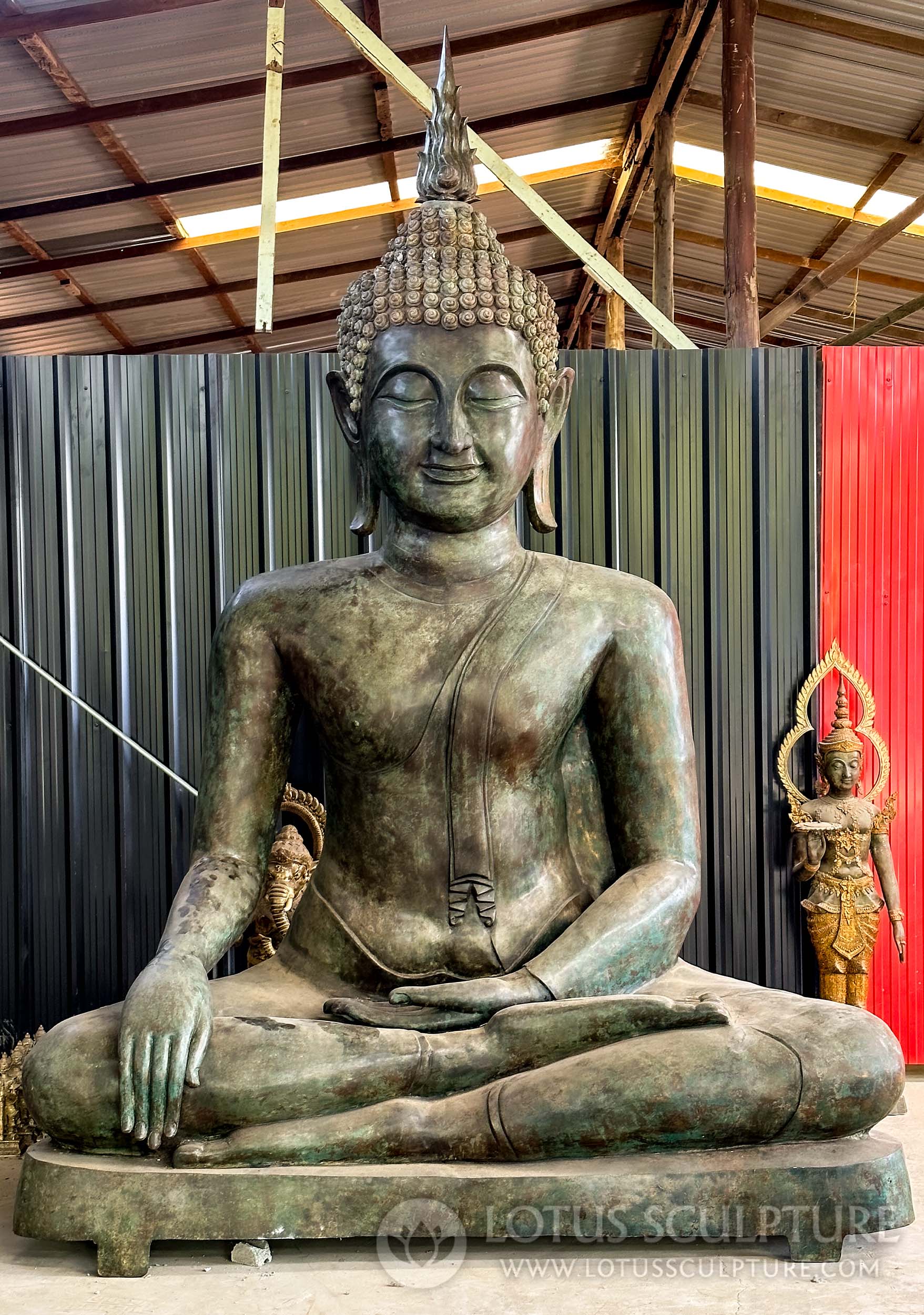 PREORDER Giant Antique Patina Sukhothai Style Brass Earth Touching Buddha Statue 144"