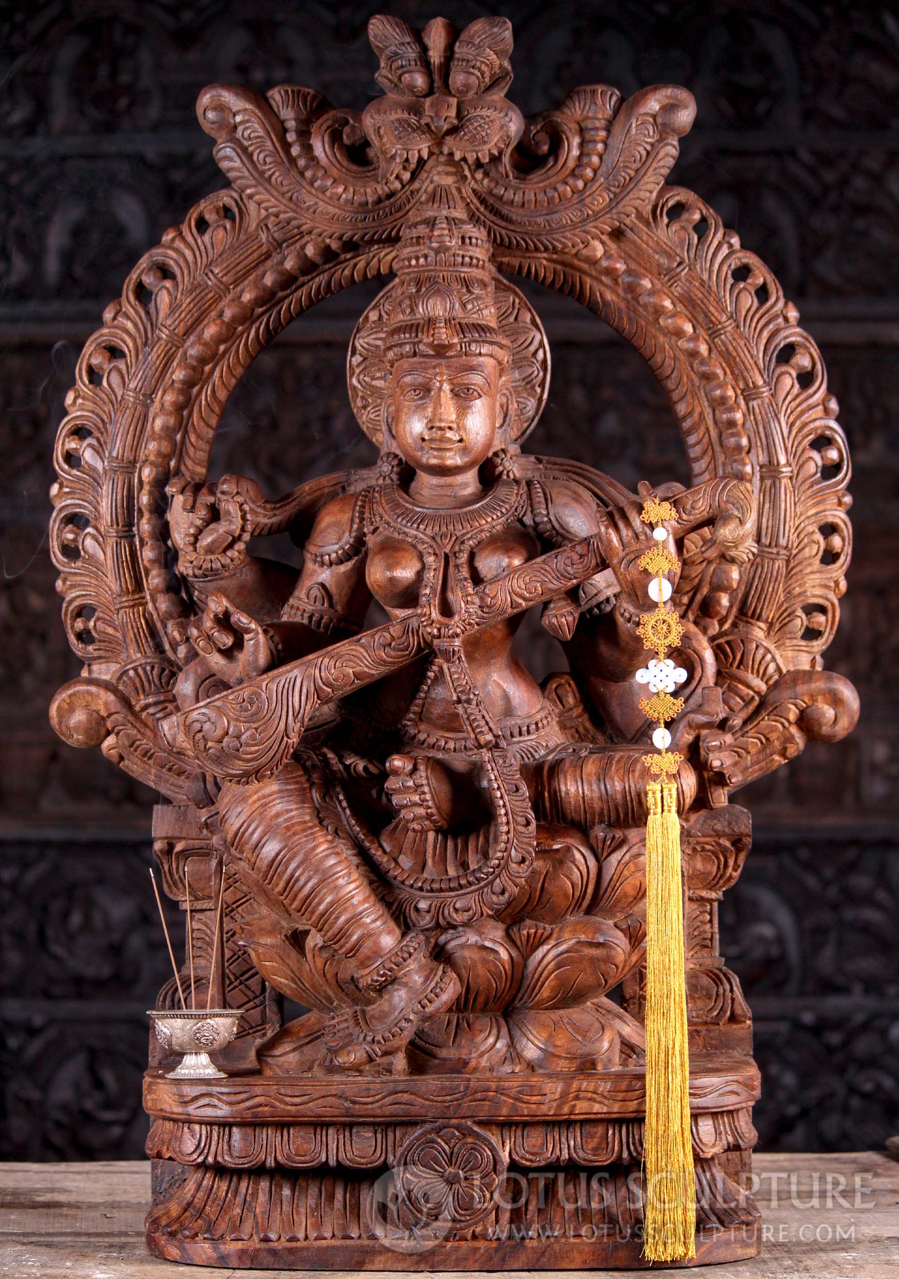 Hand Carved Wood Saraswati Statue with Mahakala Arch with Veena 36"