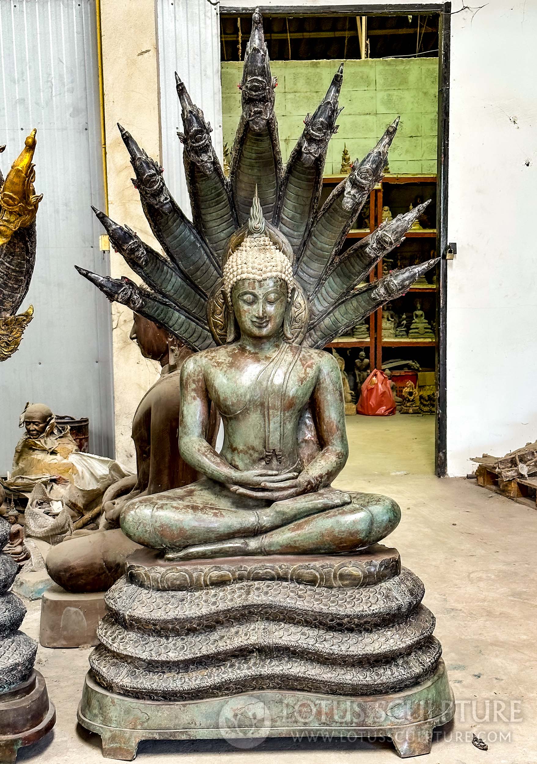 PREORDER Brass Meditating Buddha Statue Beneath Naga King, Muchalinda Before Enlightenment 84"