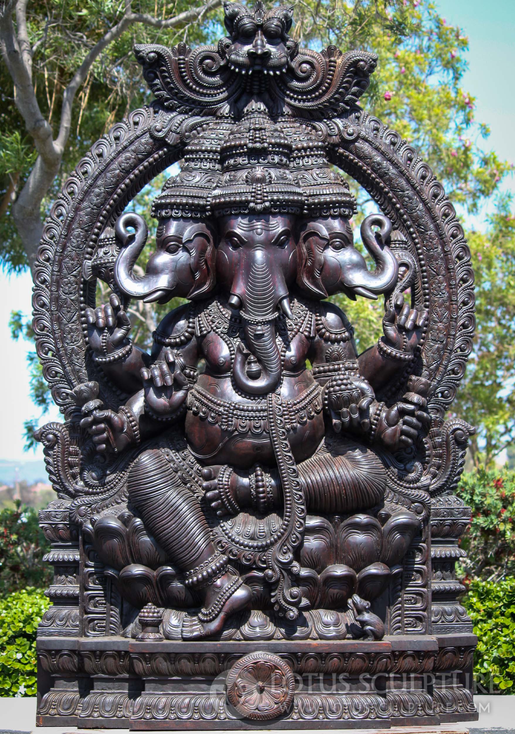 Tall Hand Carved Wood 3 Headed, Trimuhka Ganesh Statue, 6 Arms & Mahakala Arch 98"
