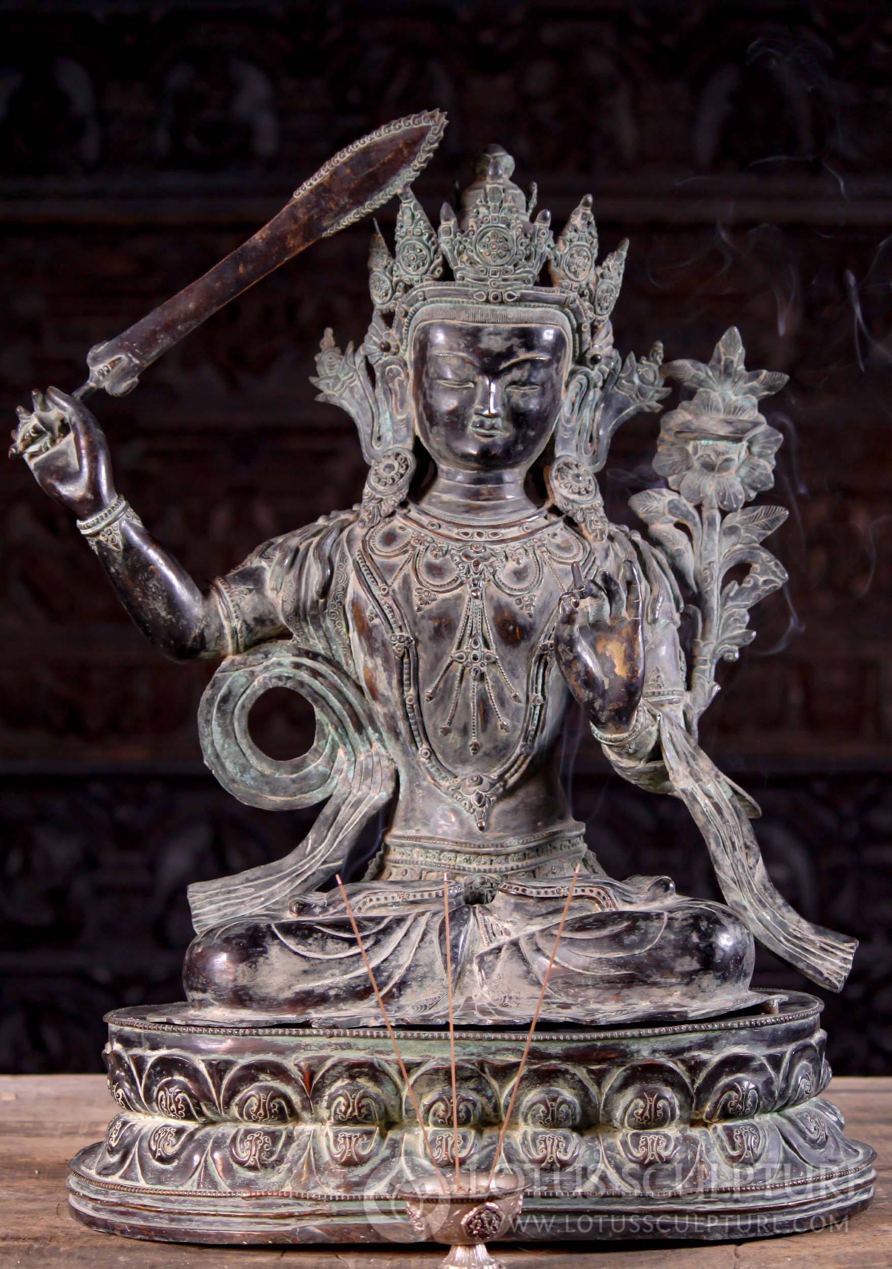 Bodhisattva Manjushri Statue Wielding Sword of Wisdom Copper with Antique Green Patina 26"