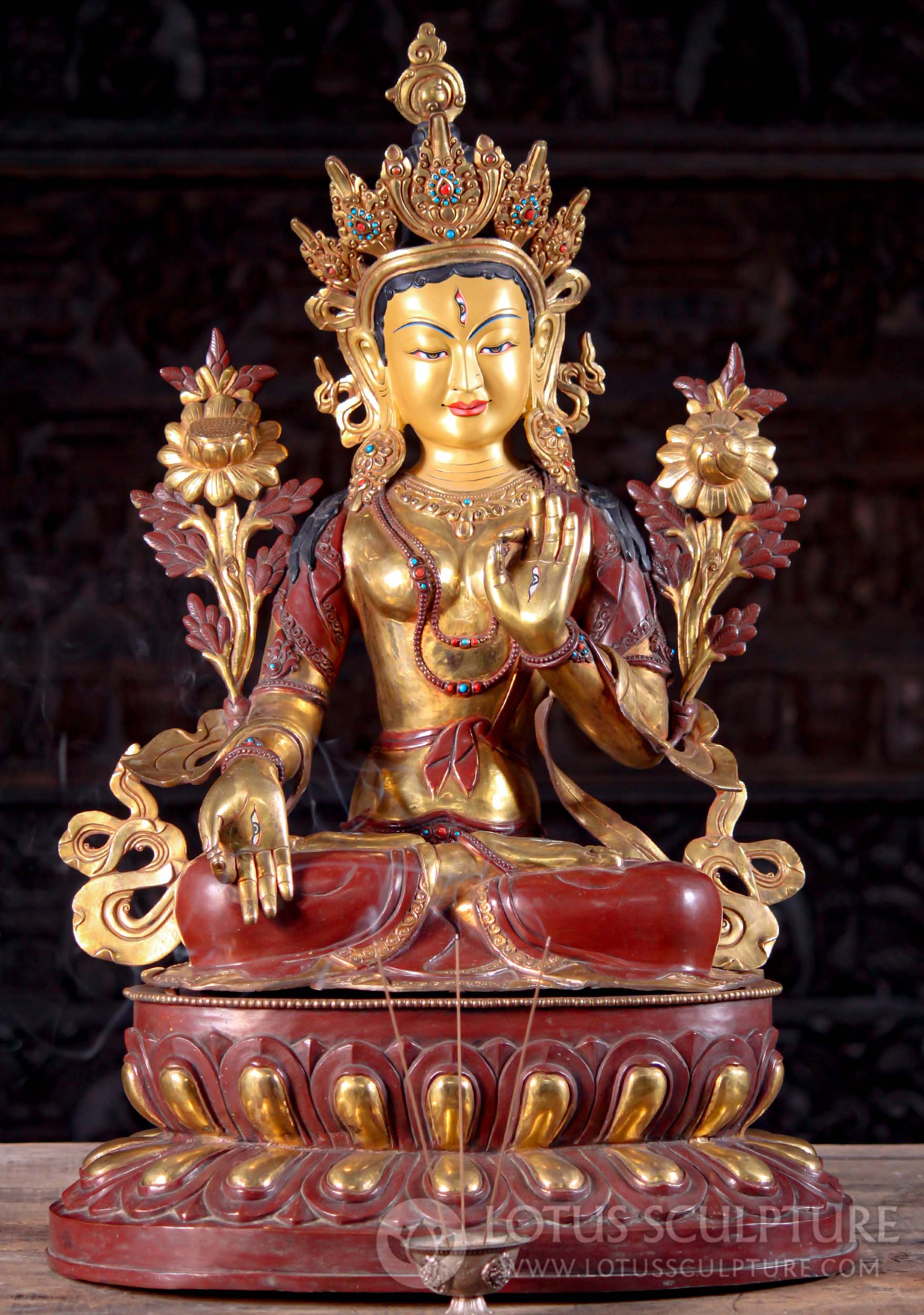 Copper Buddhist Deity White Tara with Turquoise Stones Sculpture Hand Crafted in Nepal 30"