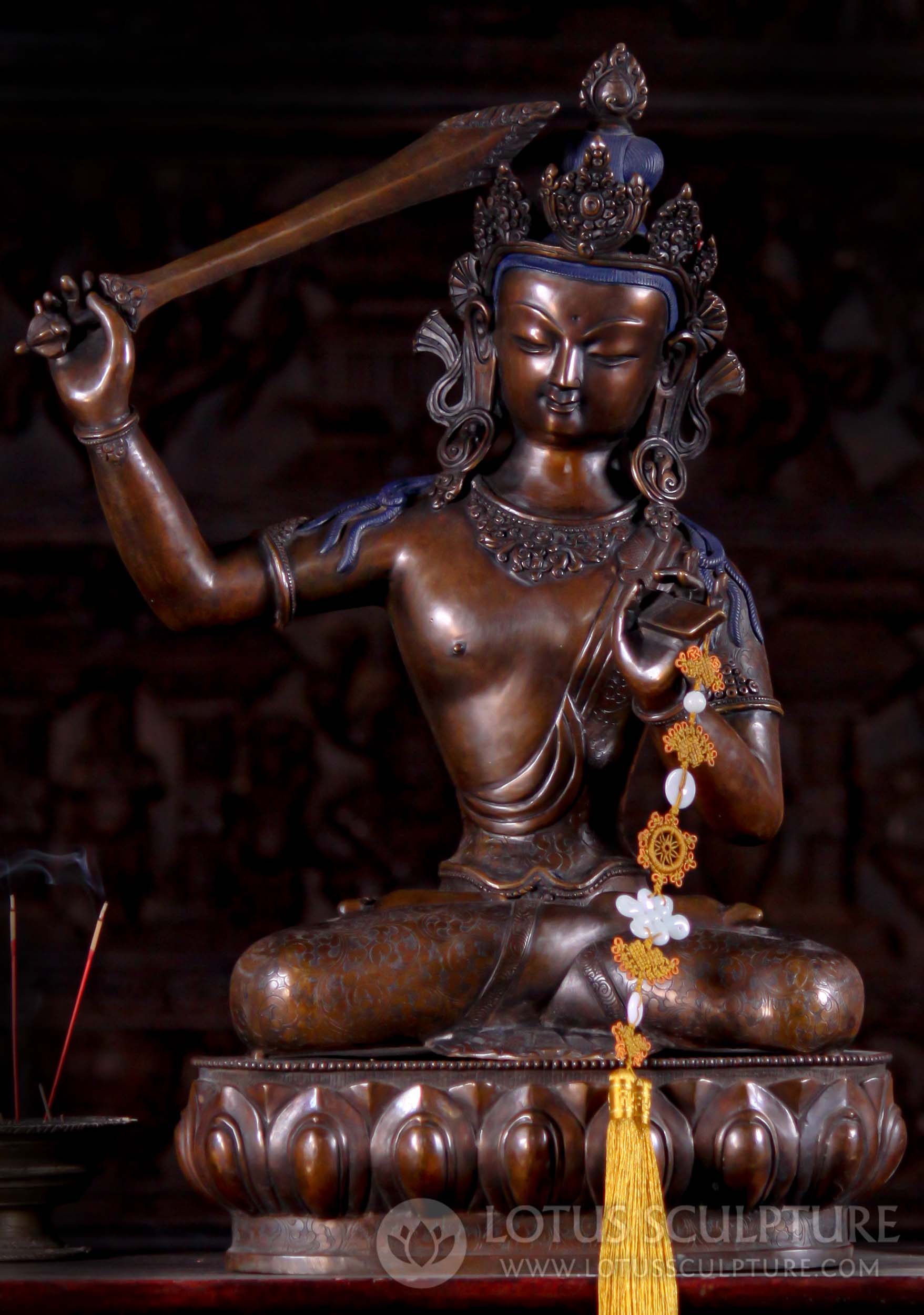 Dark Copper Seated Bodhisattva Manjushri Statue Wielding Sword of Wisdom 22"