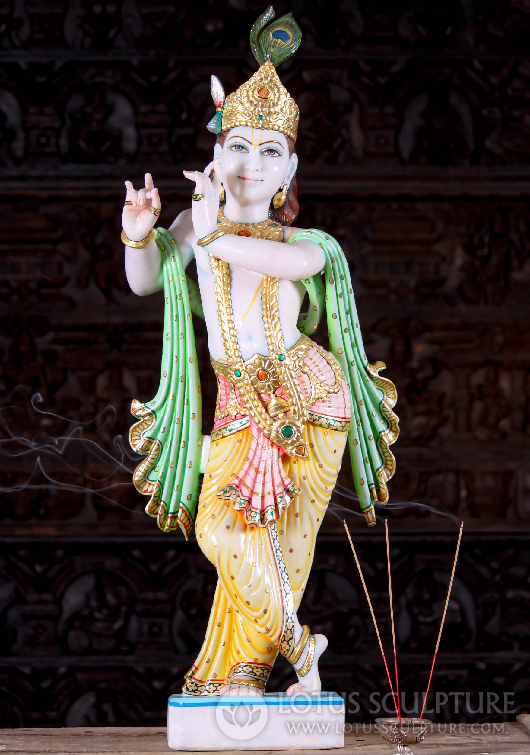 Hand Carved Makrana Marble Gopal Krishna Statue with Peacock Feather 39"