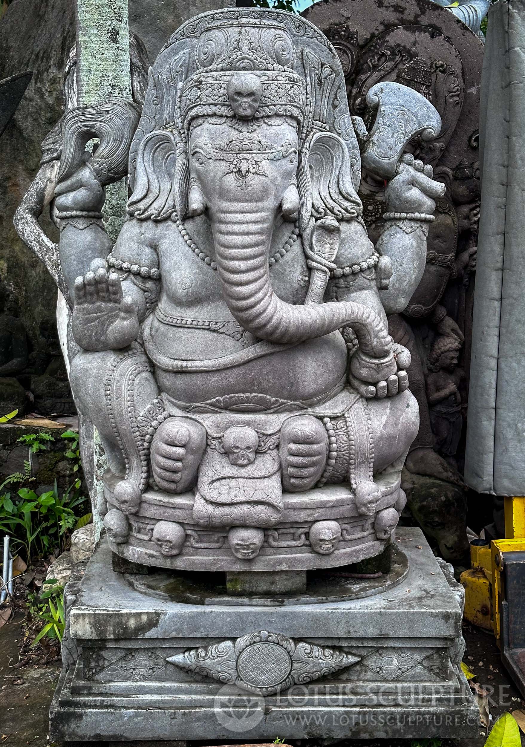 Large Lava Stone Abhaya Mudra Seated Garden Ganesh with Skulls 70"