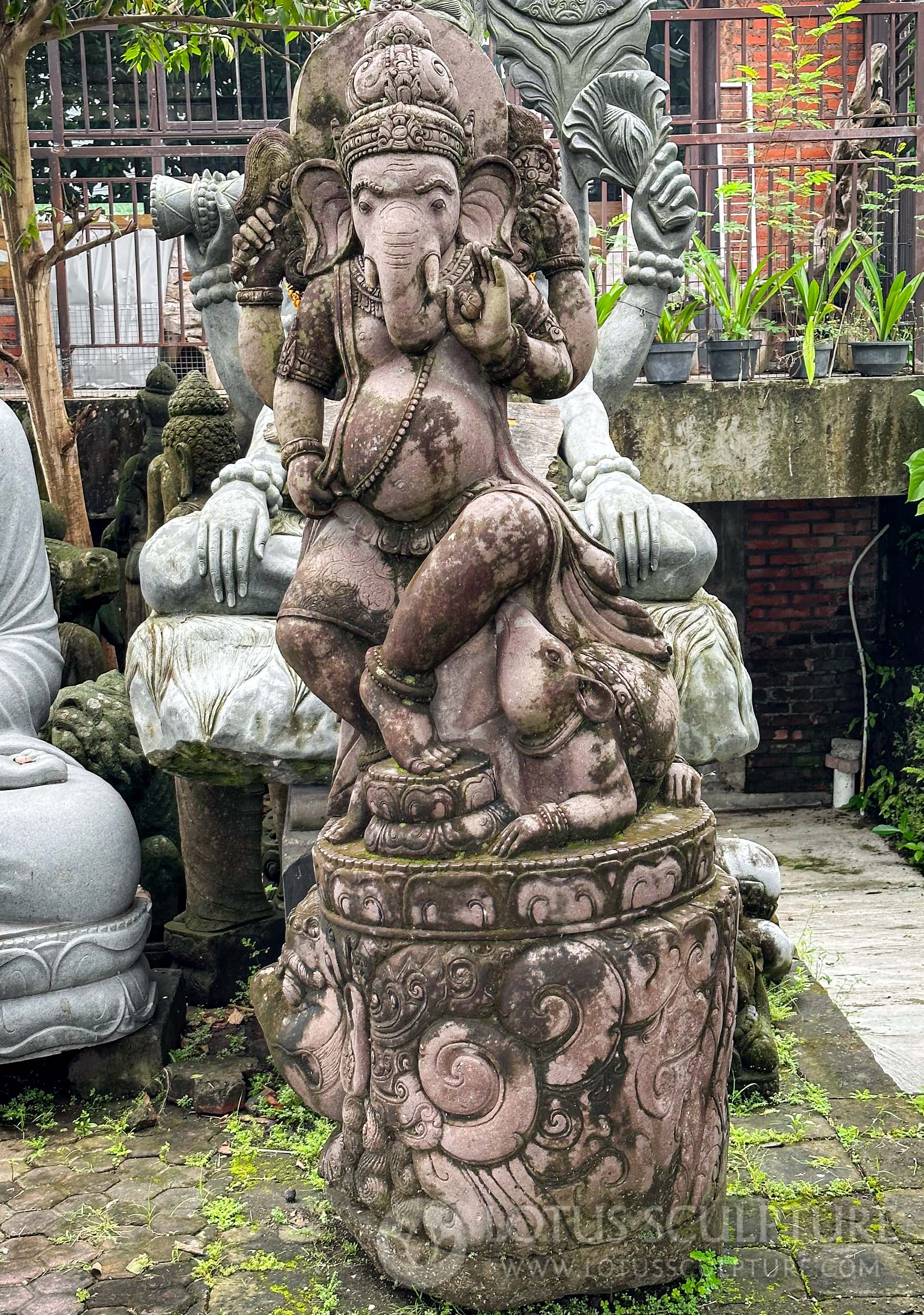 Unique Tall Rustic Lava Stone Ganesh Dancing with Mooshika Hand Carved Outdoor Garden Statue 89"