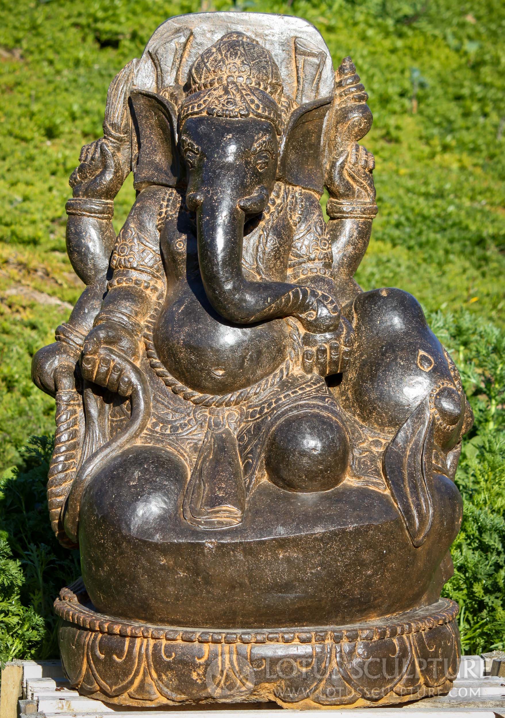 Unique Saffron Lava Stone Hand Carved Ganesh with Playful Nandi Garden Sculpture 42"